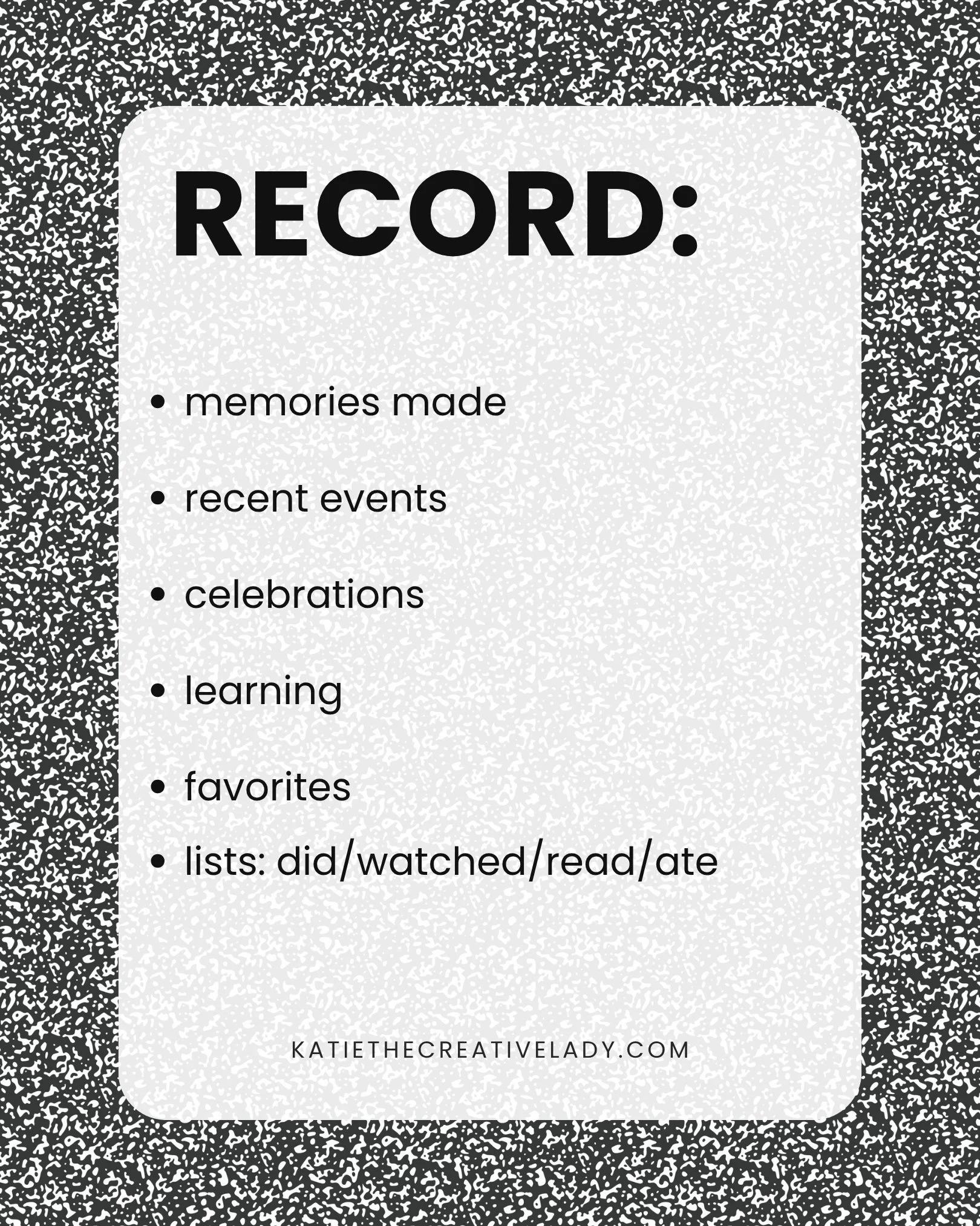 Record checklist for a September memory roundup, including memories, events, celebrations, learning, favorites, and monthly lists