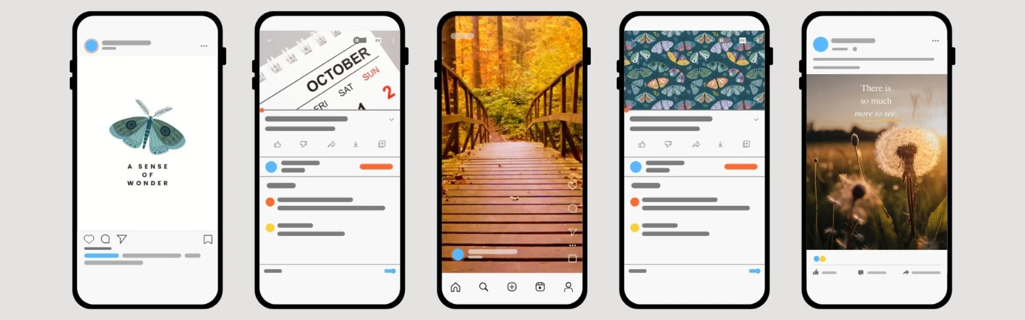 Five smartphone screens featuring October's A Sense of Wonder theme, a calendar, an autumn bridge photograph, patterned scrapbook paper, and an inspirational quote, illustrating social media memories worth documenting.