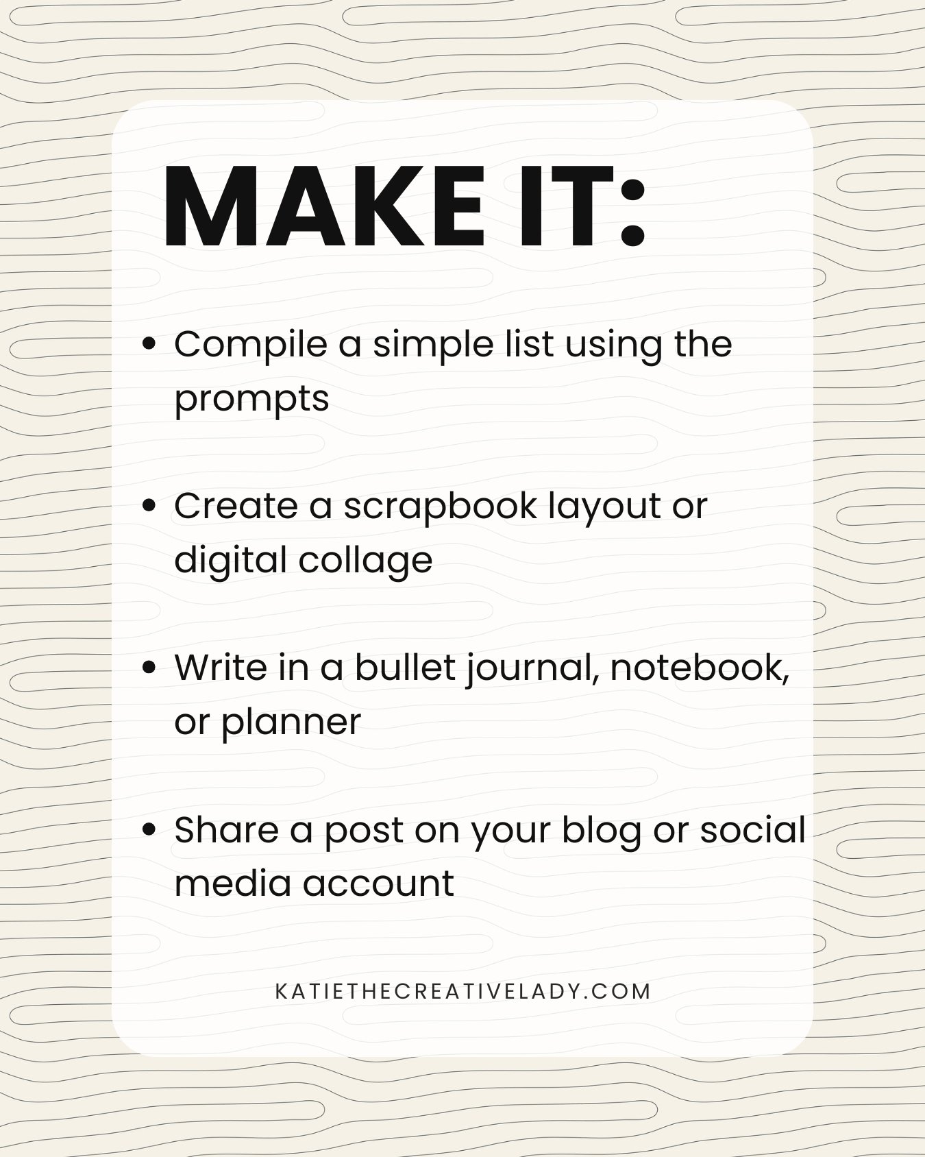 Make It: Choose a monthly roundup format—make a simple list using the prompts, create a scrapbook layout or digital collage, write in a bullet journal/notebook/planner, or share on your blog or social media.