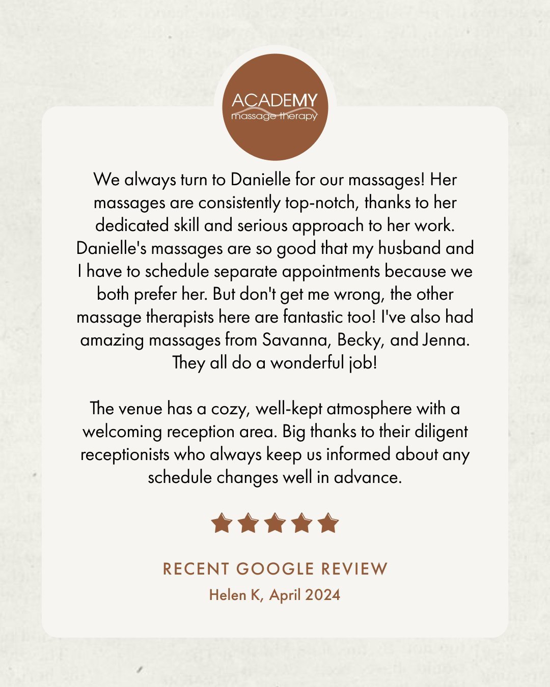 Can't very well book a couples massage if you both enjoy the same massage therapist can you? 😅 A good problem to have! We are loving this recent Google review for Danielle L.