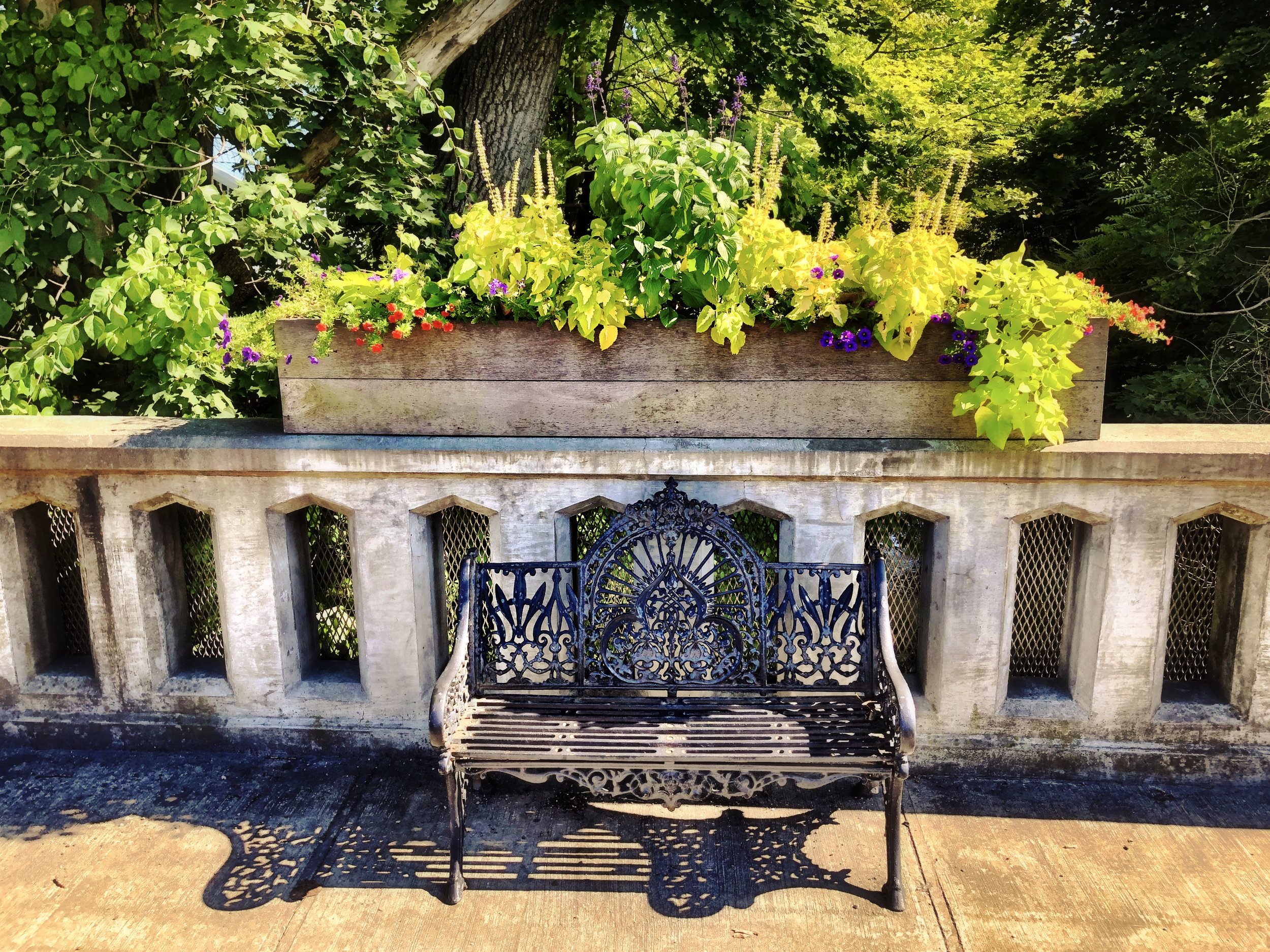 Townscape flower box planting over the Webutok creek in Millerton, NY