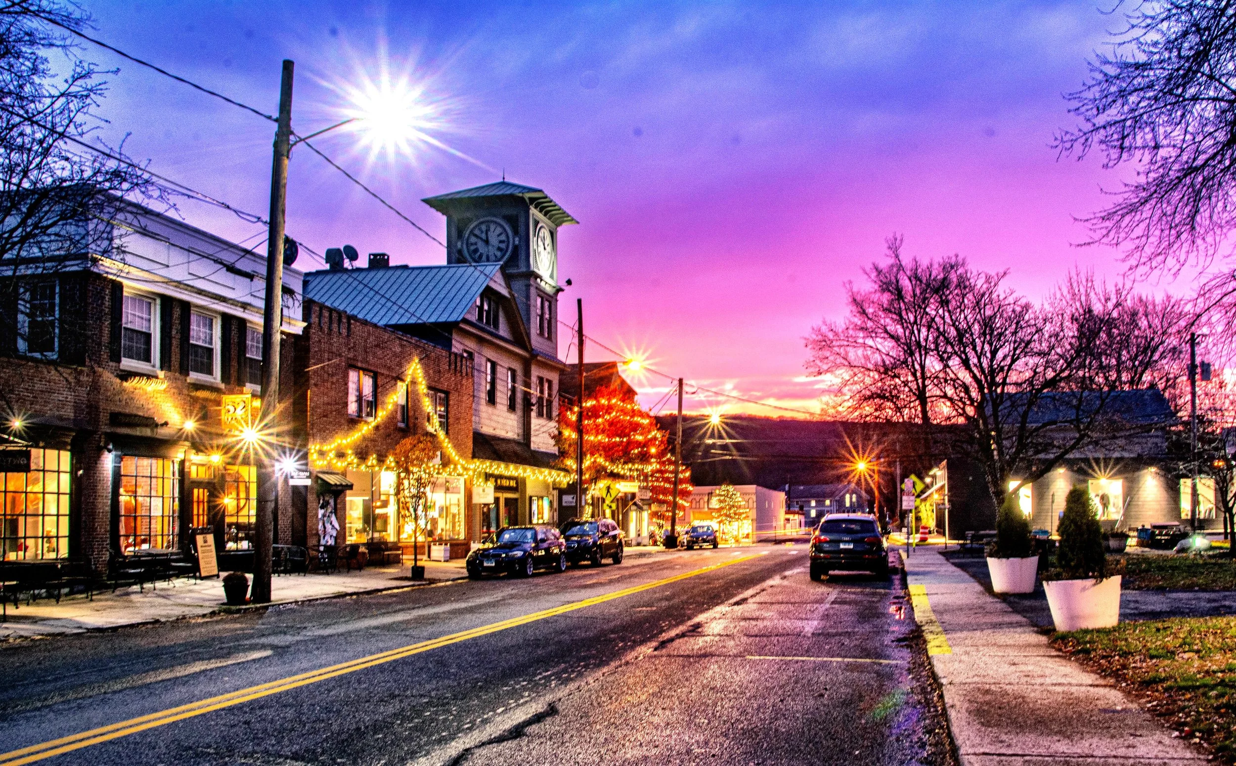 Townscape holiday lighting on Main Street in Millerton, NY