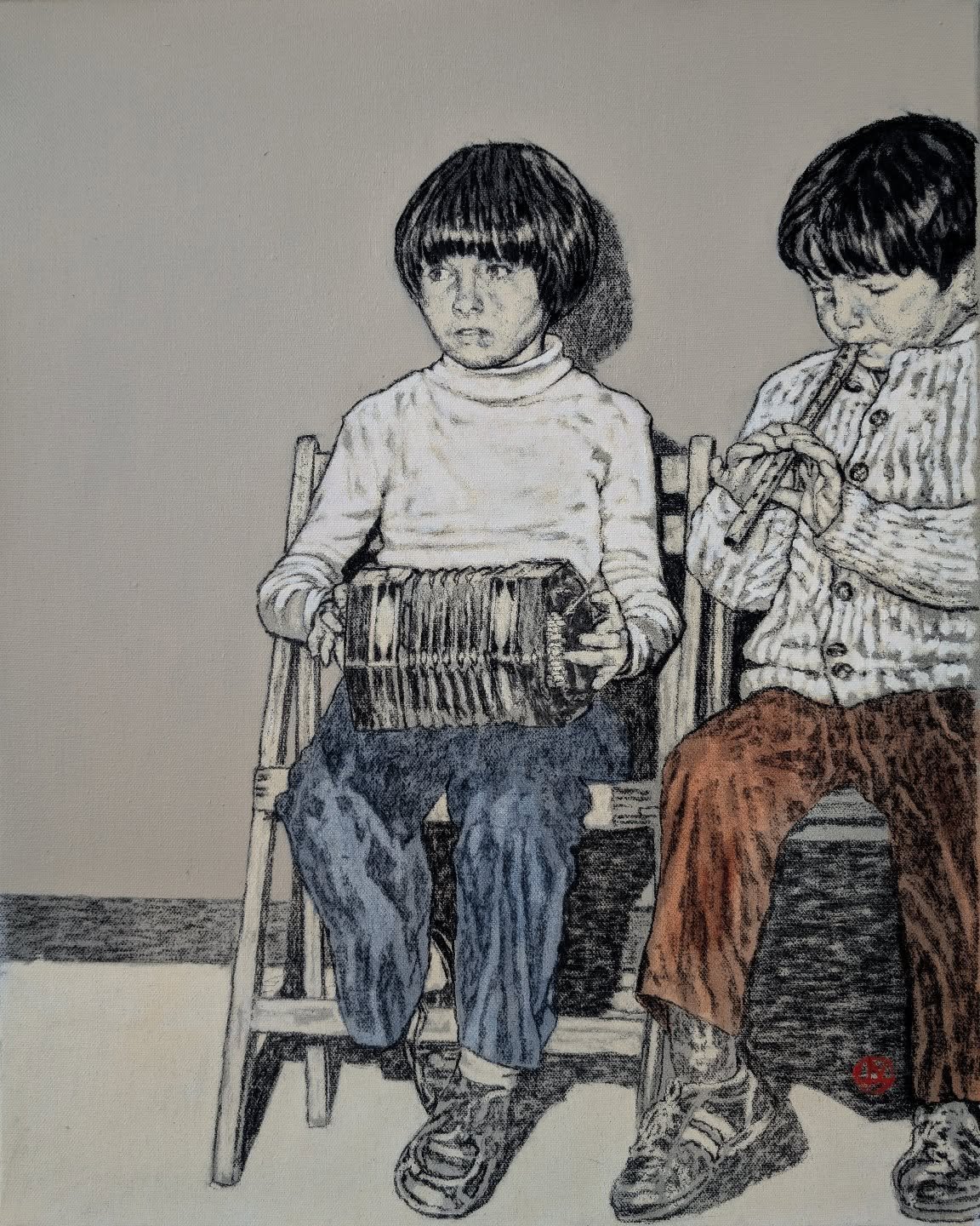 A small painting of a couple of small musicians! Wonder if anyone can recognize these two fellas 🤔? Clue: they aren't small any more! #irishtrad #irishtraditionalmusic #concertina #tinwhistle #youngmusician