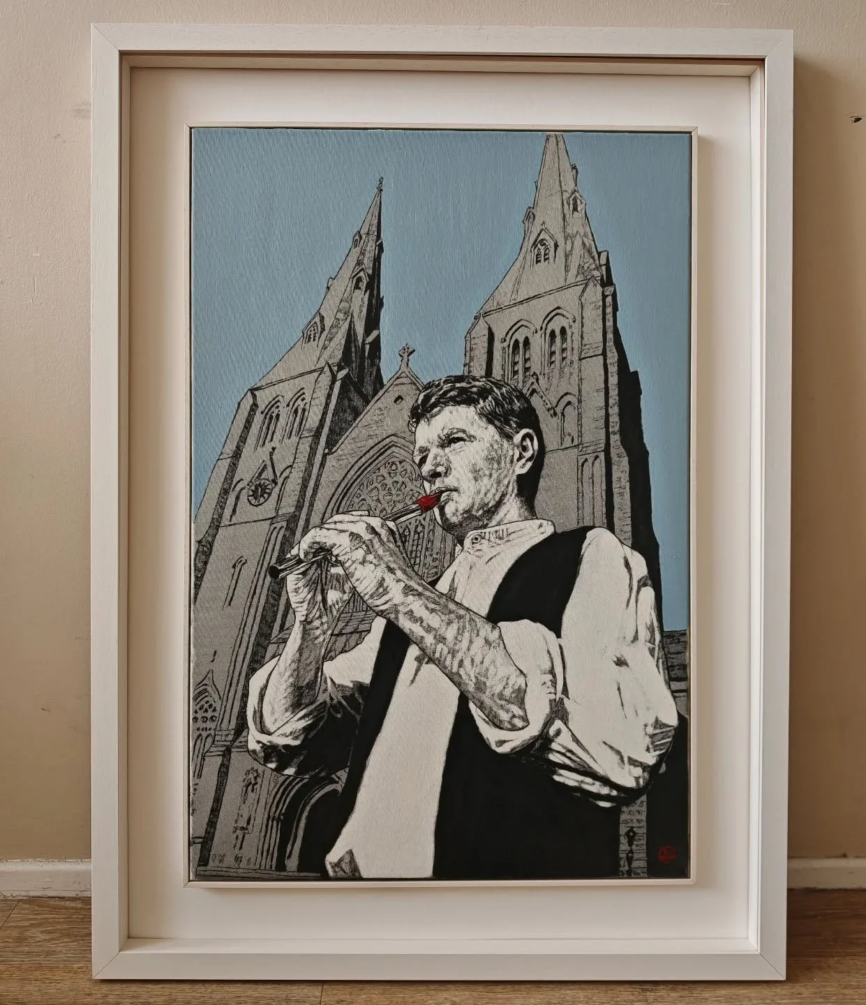 A recently completed portrait I was commissioned to do, featuring a musician playing the tin whistle with St Patrick's Cathedral, Armagh, in the background. #irishtrad  #irishtraditionalmusic #armagh #armaghpipersclub #stpatrickscathedral #charcoaldr