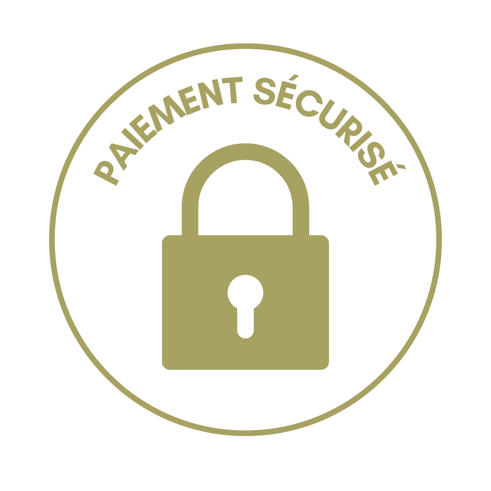 Pictograme avec un cercle doré contenant un symbole de verrouillage et la phrase 'Paiement Sécurisé' en arc au-dessus.