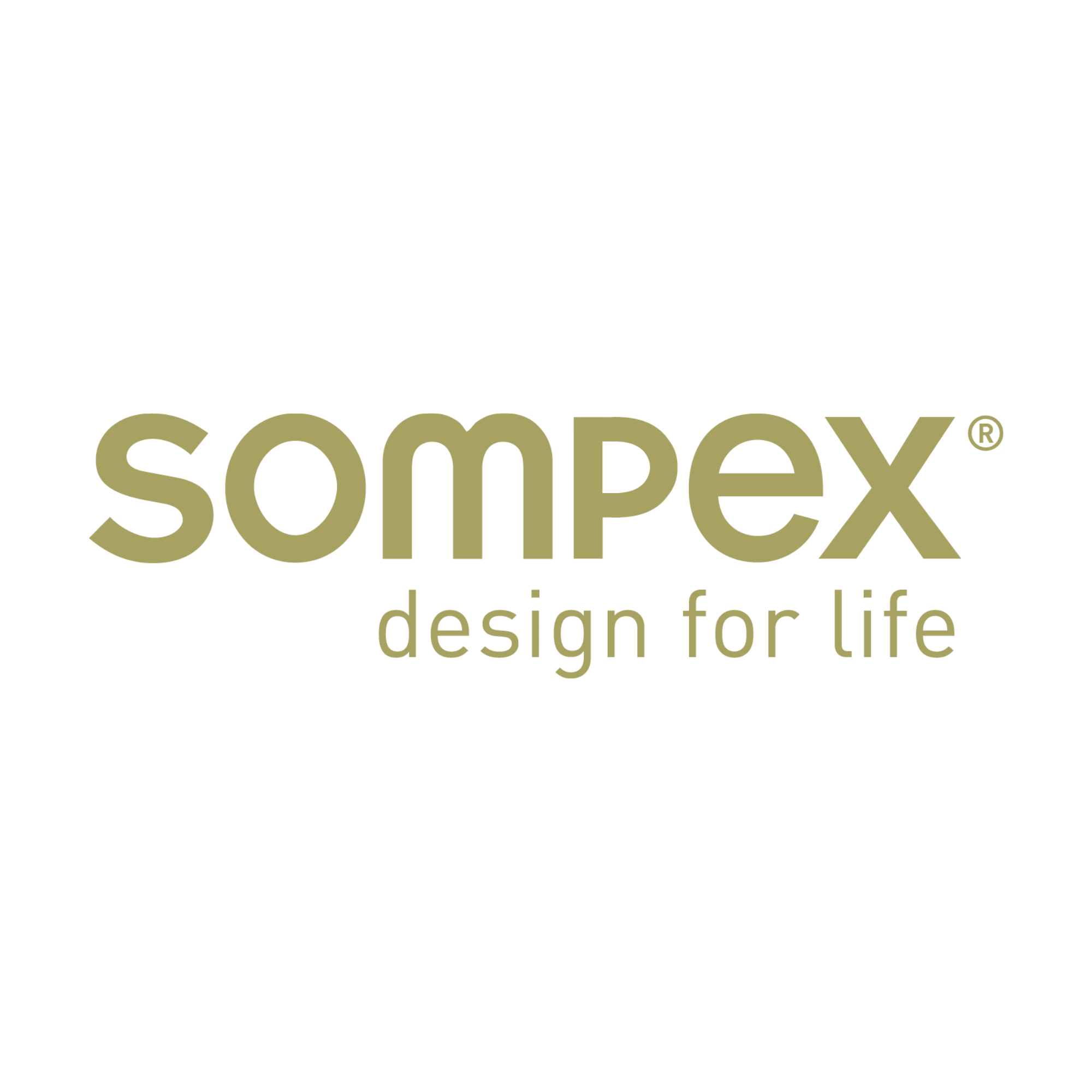 Logo de la marque Sompex avec le slogan 'design for life' en doré sur fond blanc