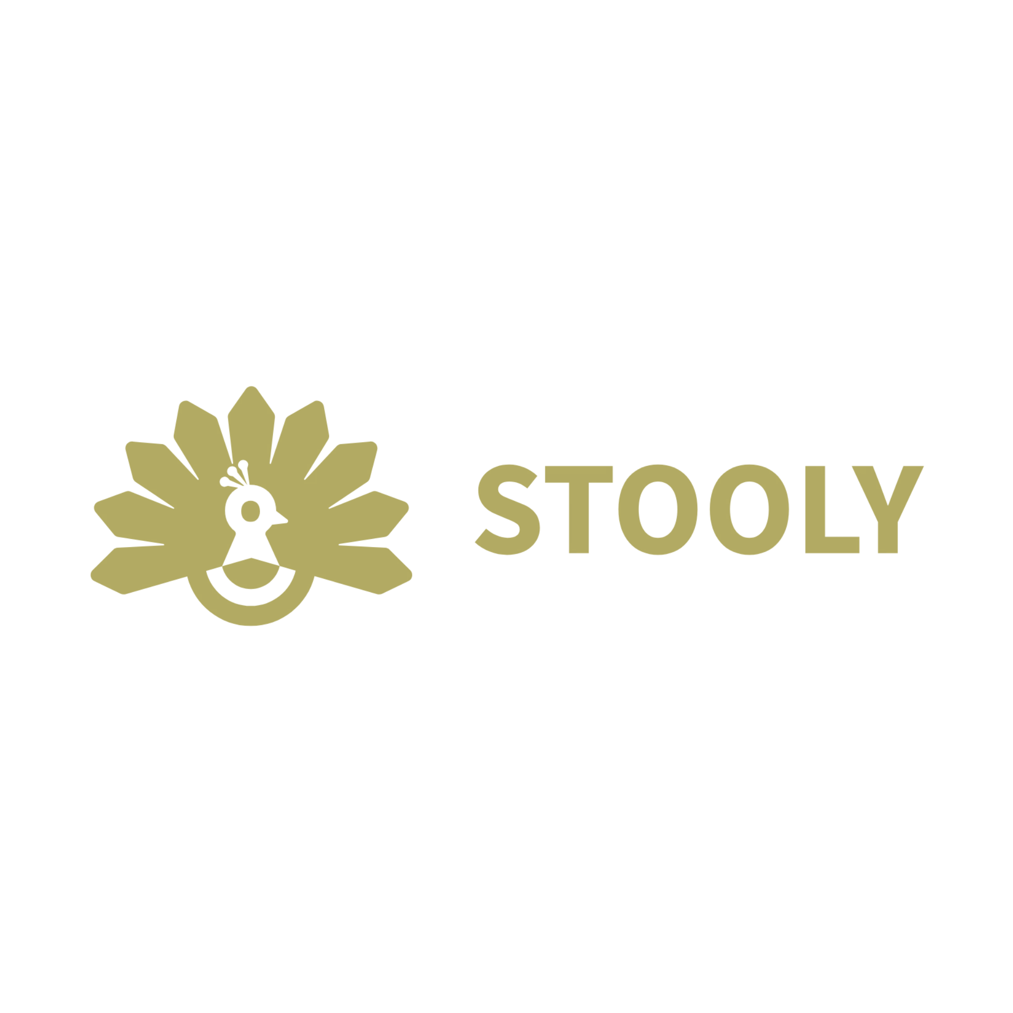 Logo d'un paon stylisé en doré avec des lames de couteau à la place de ses plûmes et le texte 'STOOLY' en lettres capitales dorées sur fond blanc.