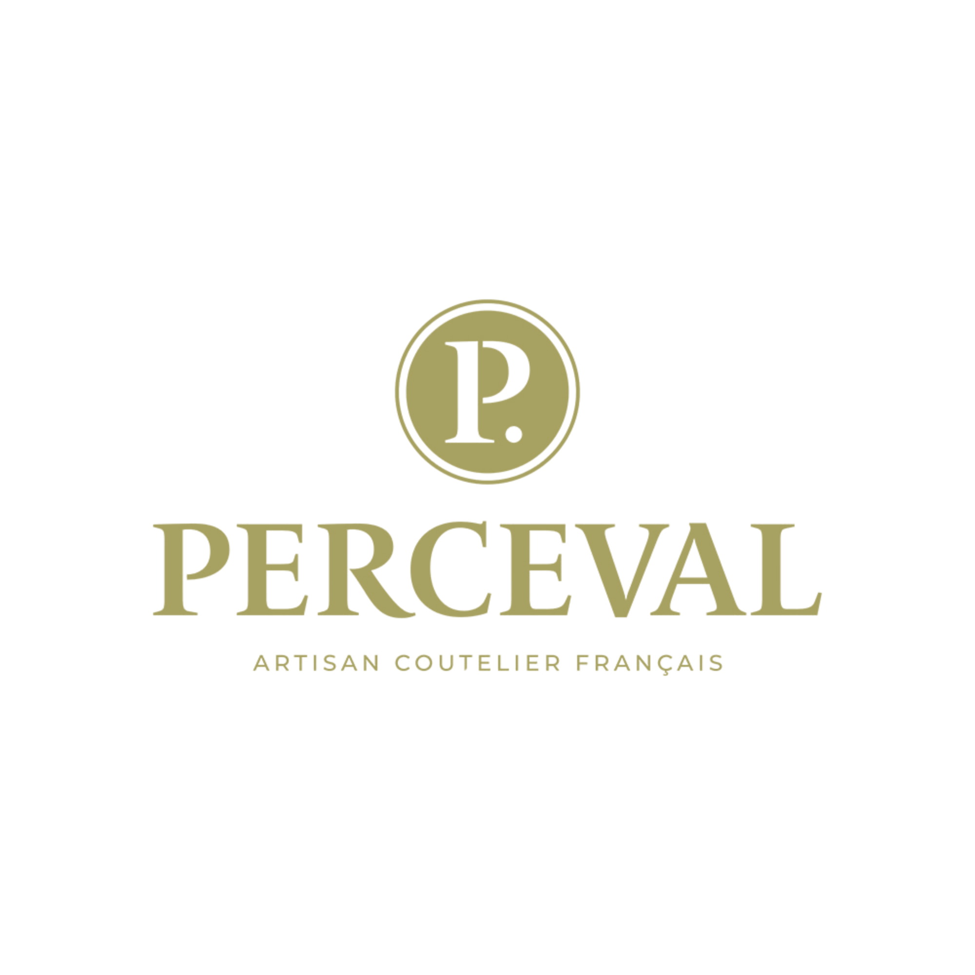 Logo de la marque Perceval, artisan coutelier français, avec un symbole en cercle contenant un P, texte en doré sur fond blanc.