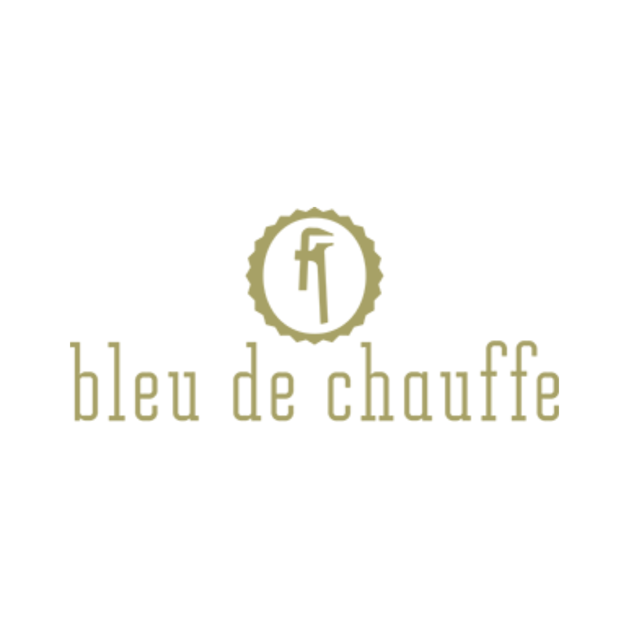 Logo de l'entreprise 'bleu de chauffe' avec une clé à molette stylisée et le nom de l'entreprise en dessous en doré sur fond blanc.