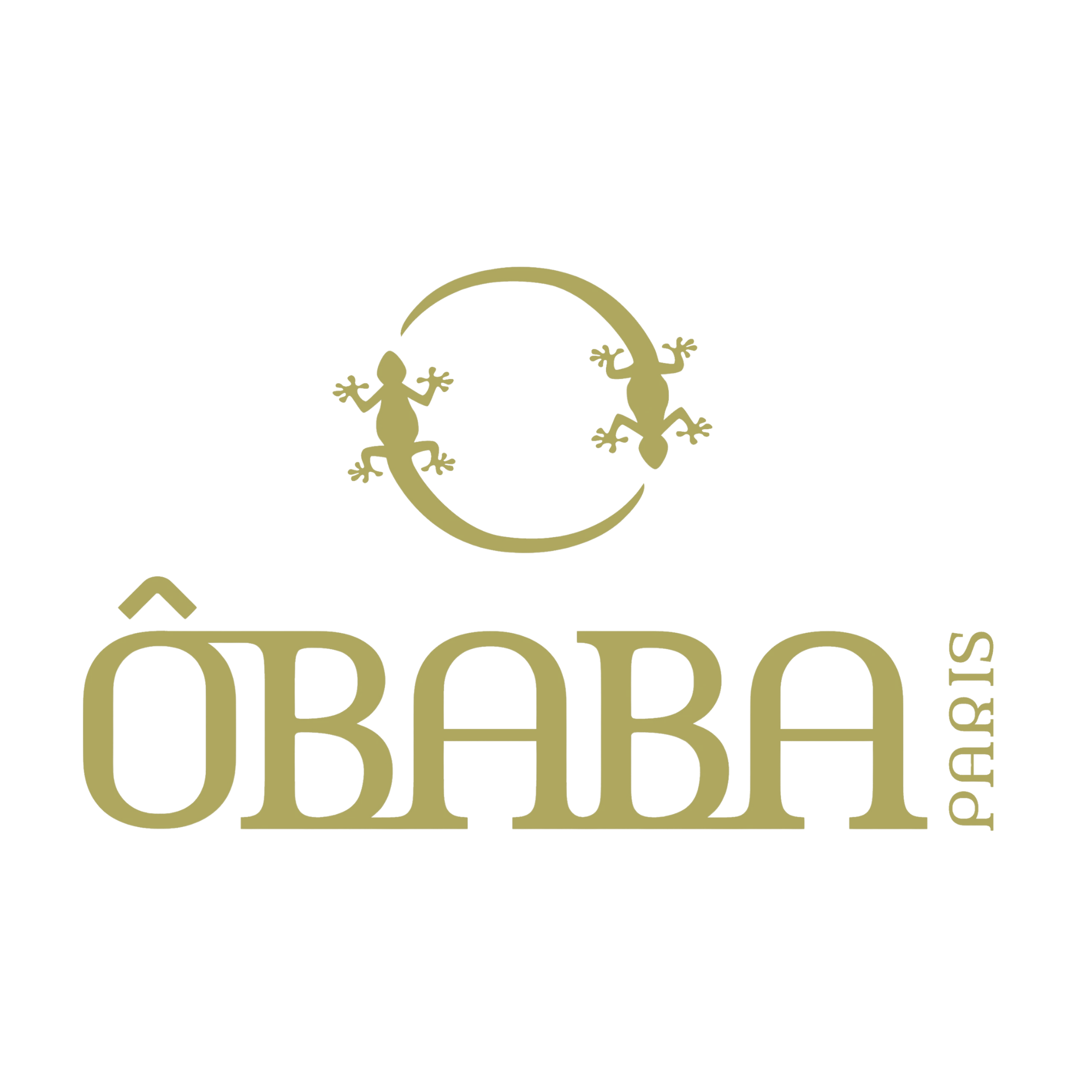 Logo doré avec des geckos en cercle et le texte 'Obaba' en lettres capitales, stylisées.