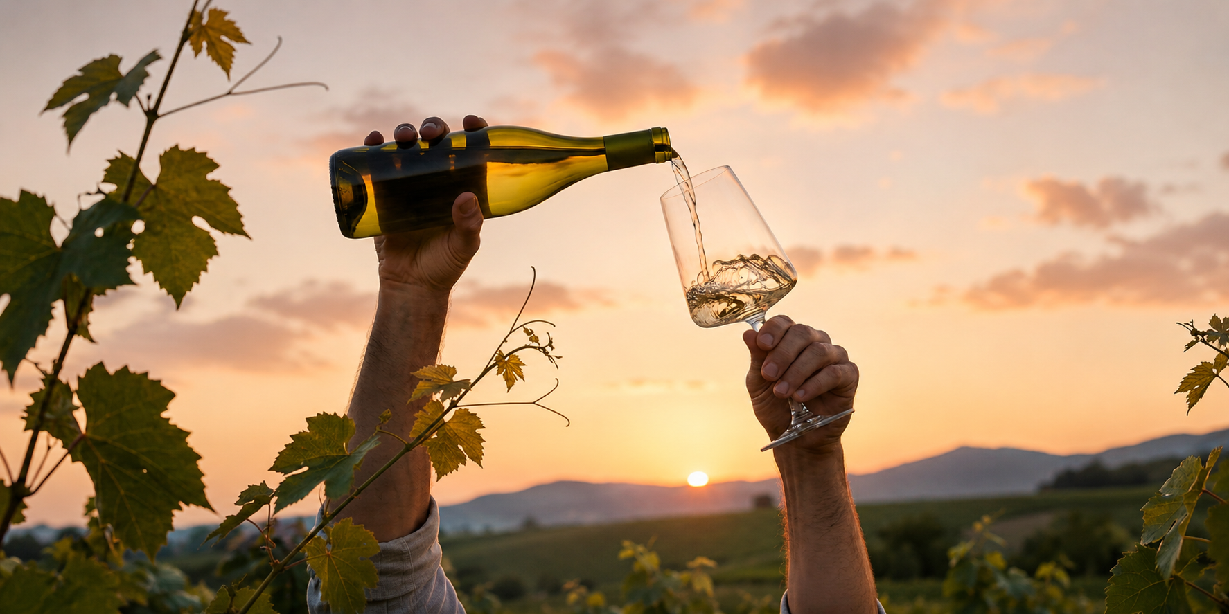 Deux mains versent du vin blanc d'une bouteille dans un verre lors d'un coucher de soleil dans un vignoble.