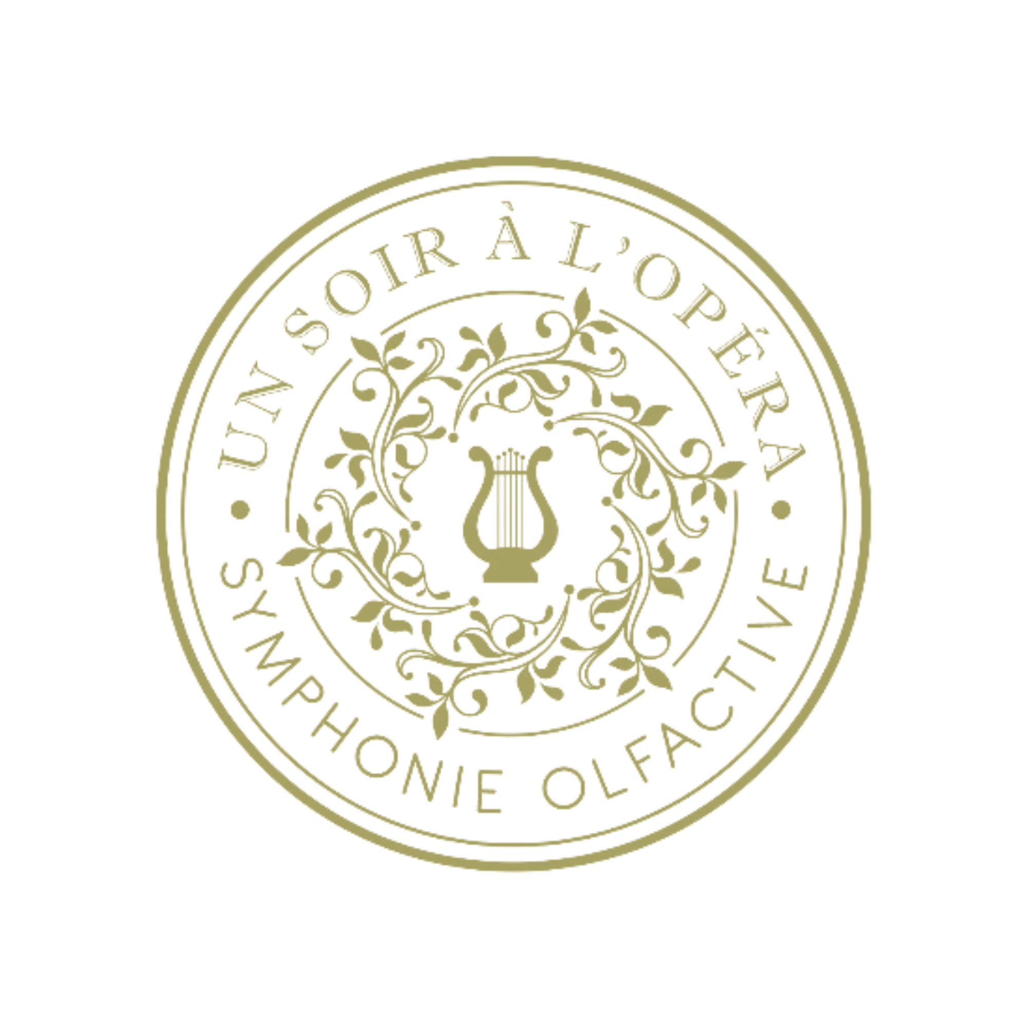 Logo de la marque UN SOIR À L'OPÉRA . Le logo est doré avec un cercle et des écritures dans un style élégant.