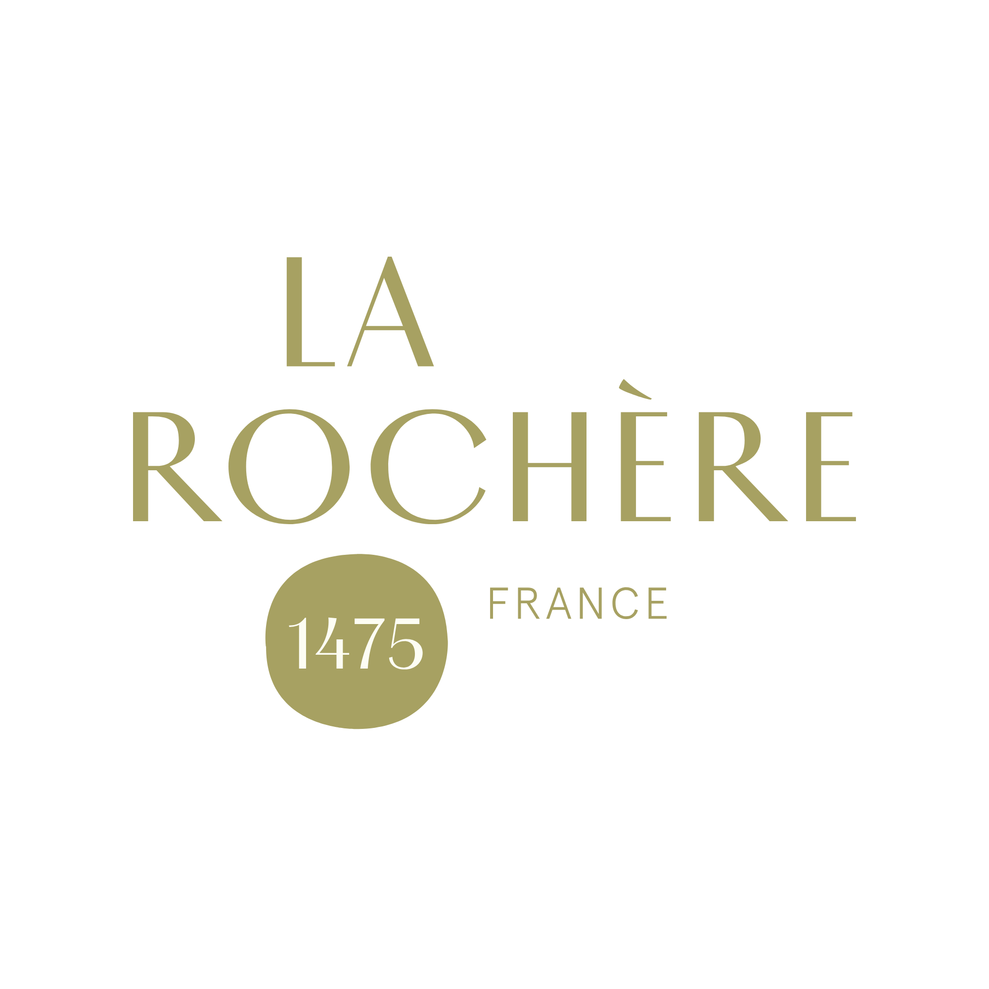 Logo de la marque La Rochère , avec un cercle doré contenant l'année 1475 et le texte en doré sur fond blanc.