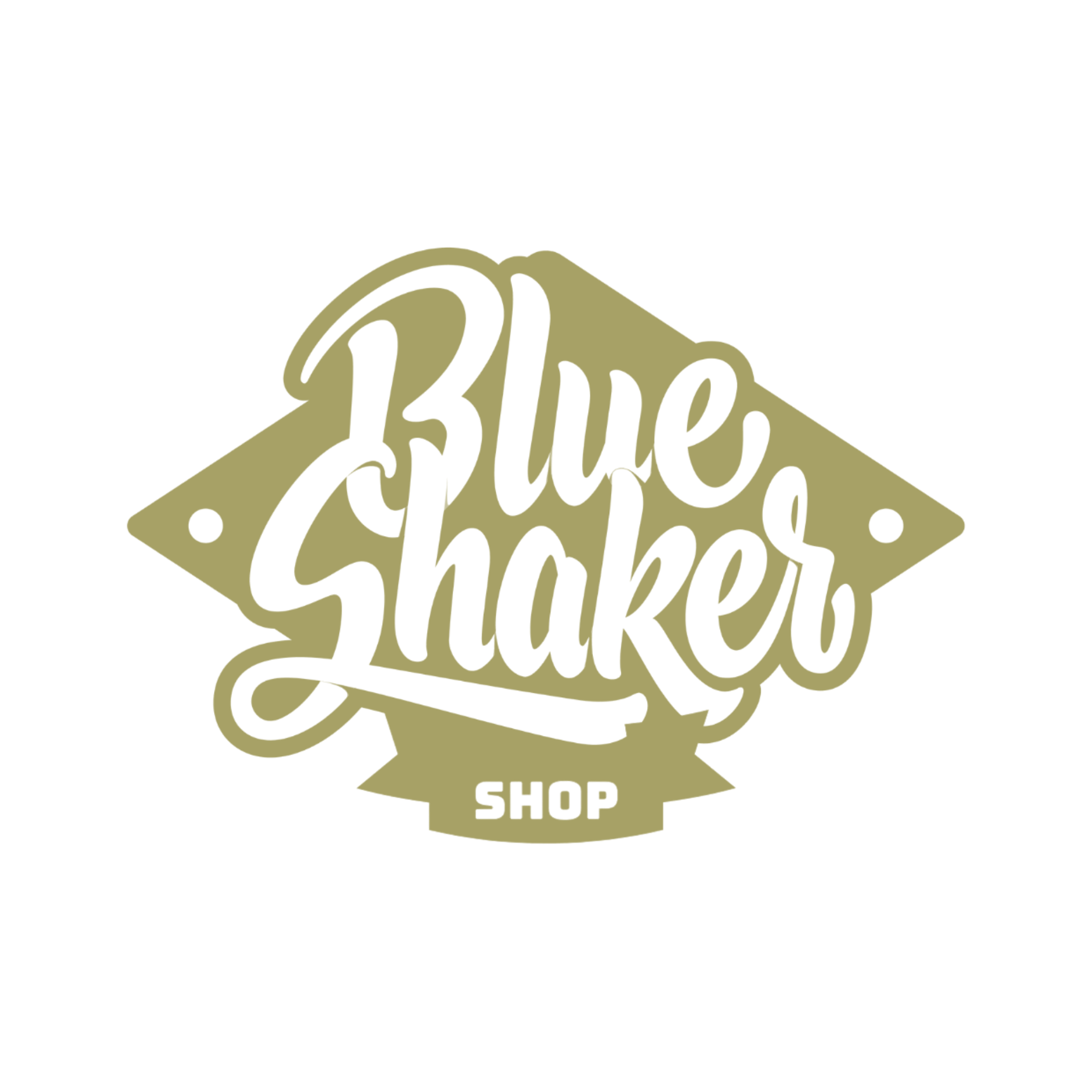 Logo stylisé en forme de triangle Blue shakers, en style cursif en couleur doré sur un fond blanc.