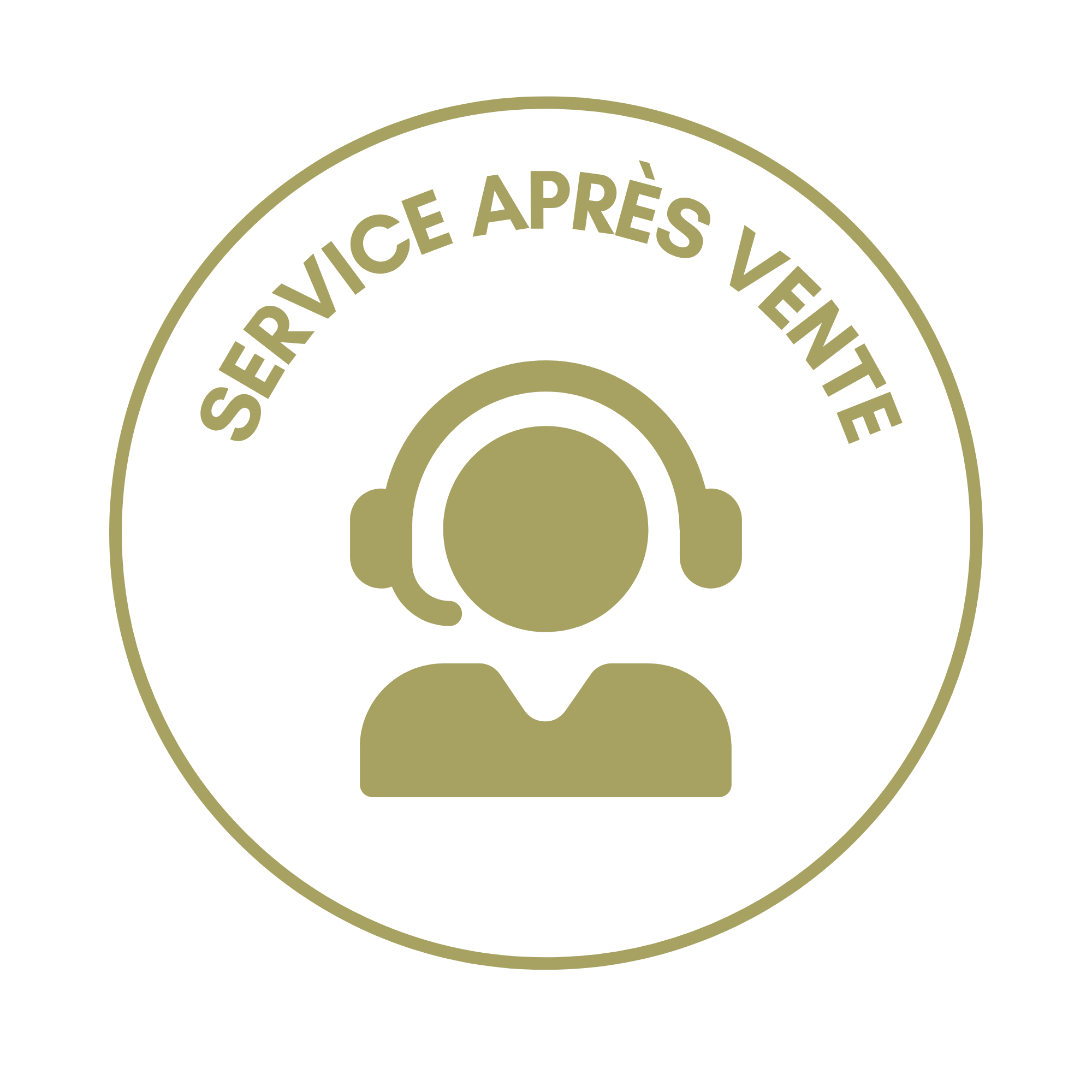 Pictogramme rond avec un casque audio stylisé et la phrase "Service après vente" écrit en arc de cercle autour.