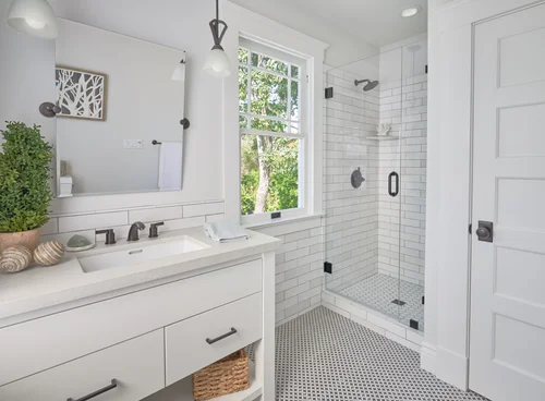San Jose luxury bathroom remodel with curbless shower, floating vanity, and large-format porcelain tile
