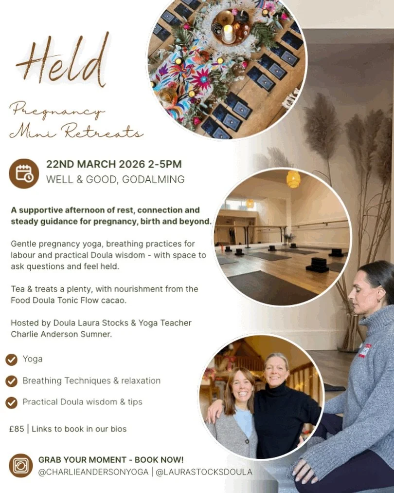 Held pregnancy Mini retreat - 3 weeks today✨

Sunday 22nd March 2.00-5.00pm
@wellandgoodgodalming 

An afternoon pregnancy retreat with Doula @laurastocksdoula and Yoga Teacher @charlieandersonyoga 

An opportunity to let some movement in - enjoy som