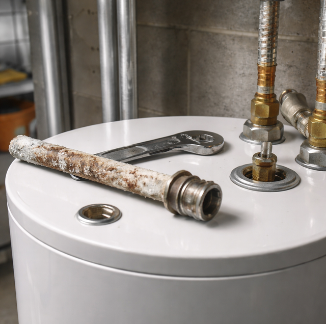 rusted sacrificial anode rod beside open water heater tank