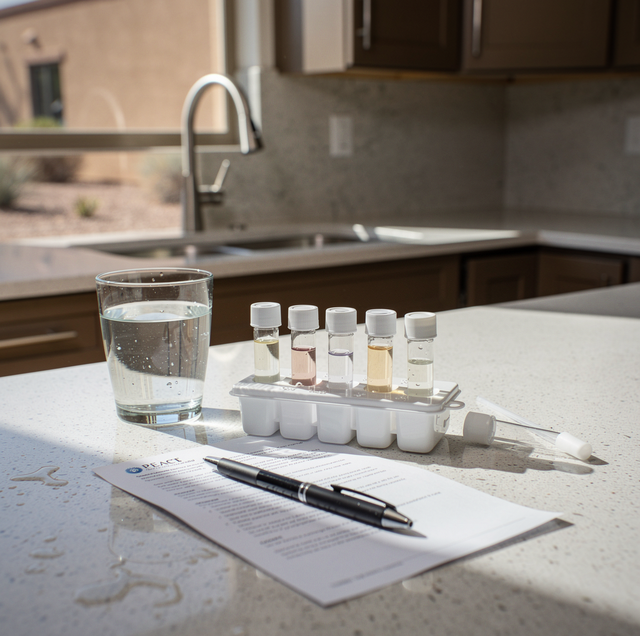 A kitchen counter displays a glass of water, test tubes in a rack, documents, and a pen near a sink and cabinets.