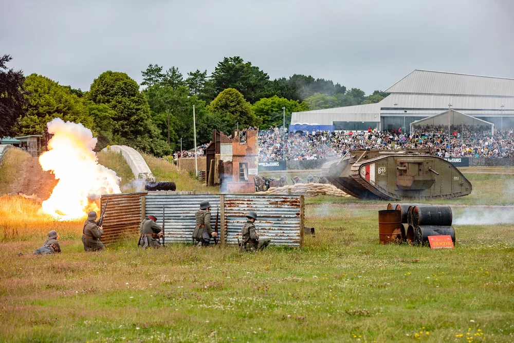  World War I reenactment at Tankfest 2025 featuring a replica of a Mk IV. (Marina Black Media) 