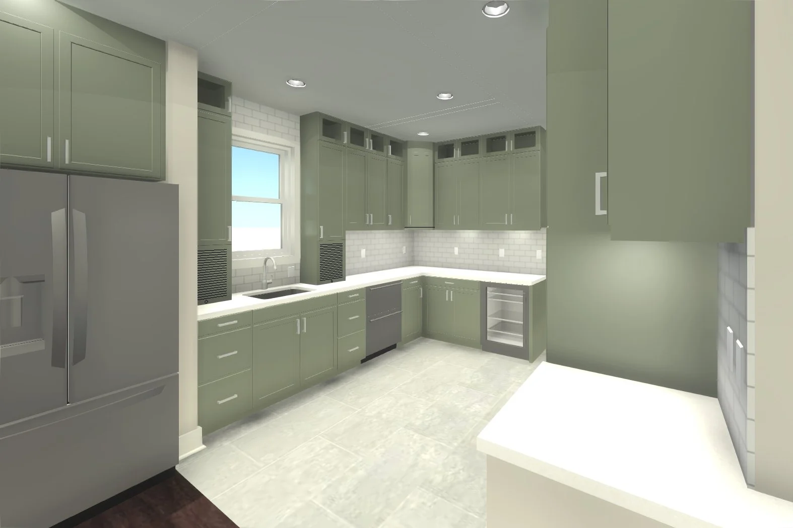 Modern kitchen with green cabinets, white countertops, a window above the sink, subway tile backsplash, and appliances including a refrigerator, dishwasher, and wine cooler.