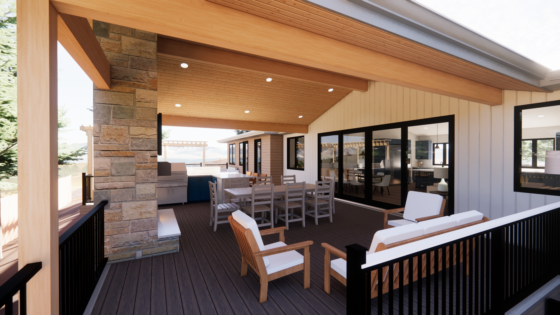 Outdoor patio with wooden flooring, chairs, and a dining table under a wooden ceiling with recessed lighting, adjacent to a house with large glass sliding doors and windows, surrounded by trees.
