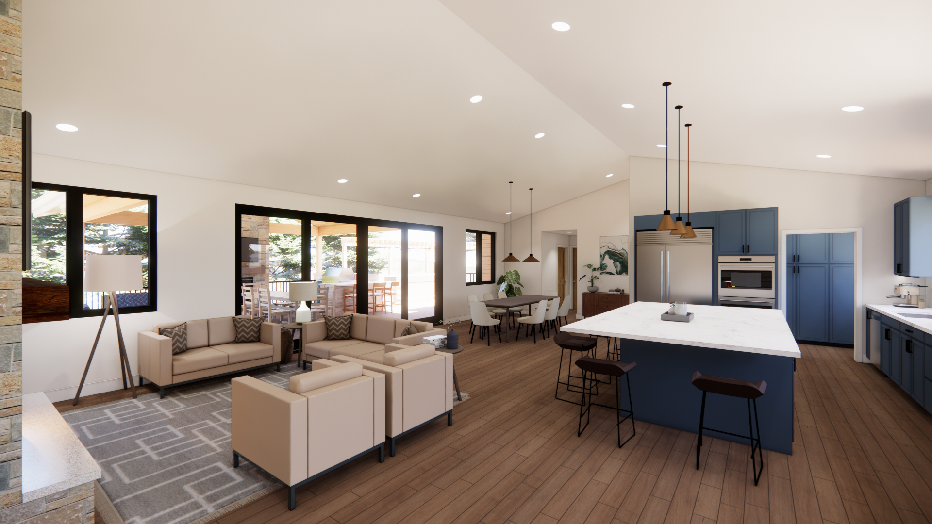 Open-concept living room and kitchen with beige sofas, a rug, dining table with chairs, kitchen island with barstools, blue cabinets, and large windows