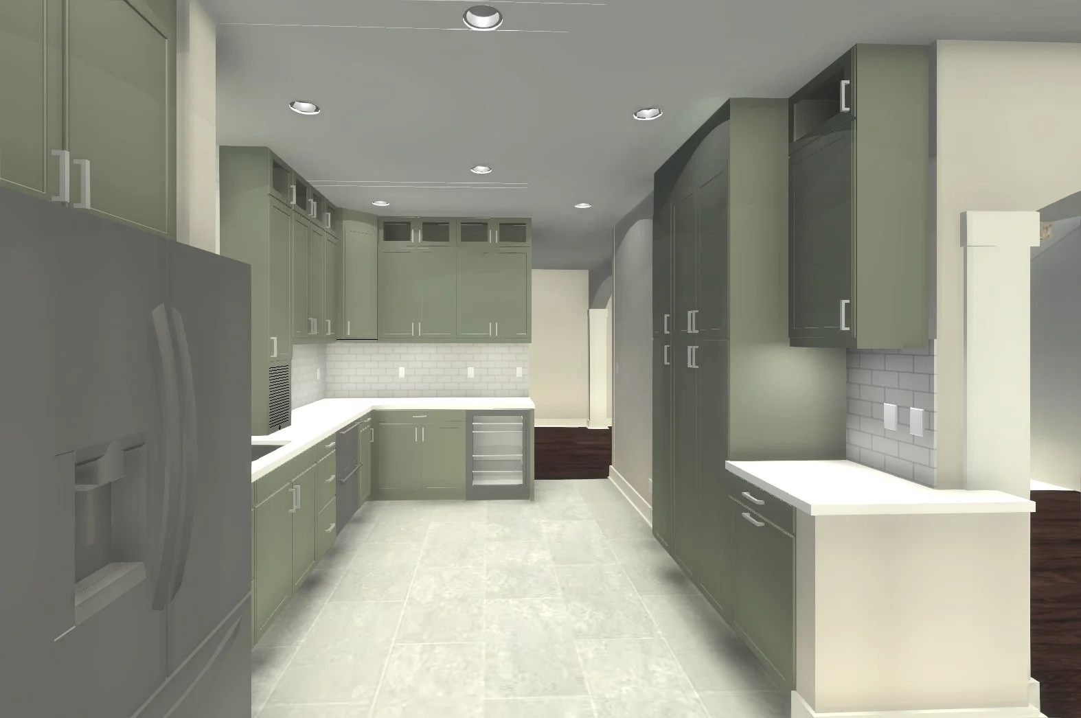 A modern kitchen with sage green cabinets, white subway tile backsplash, white countertops, gray tiled floor, and recessed ceiling lights.