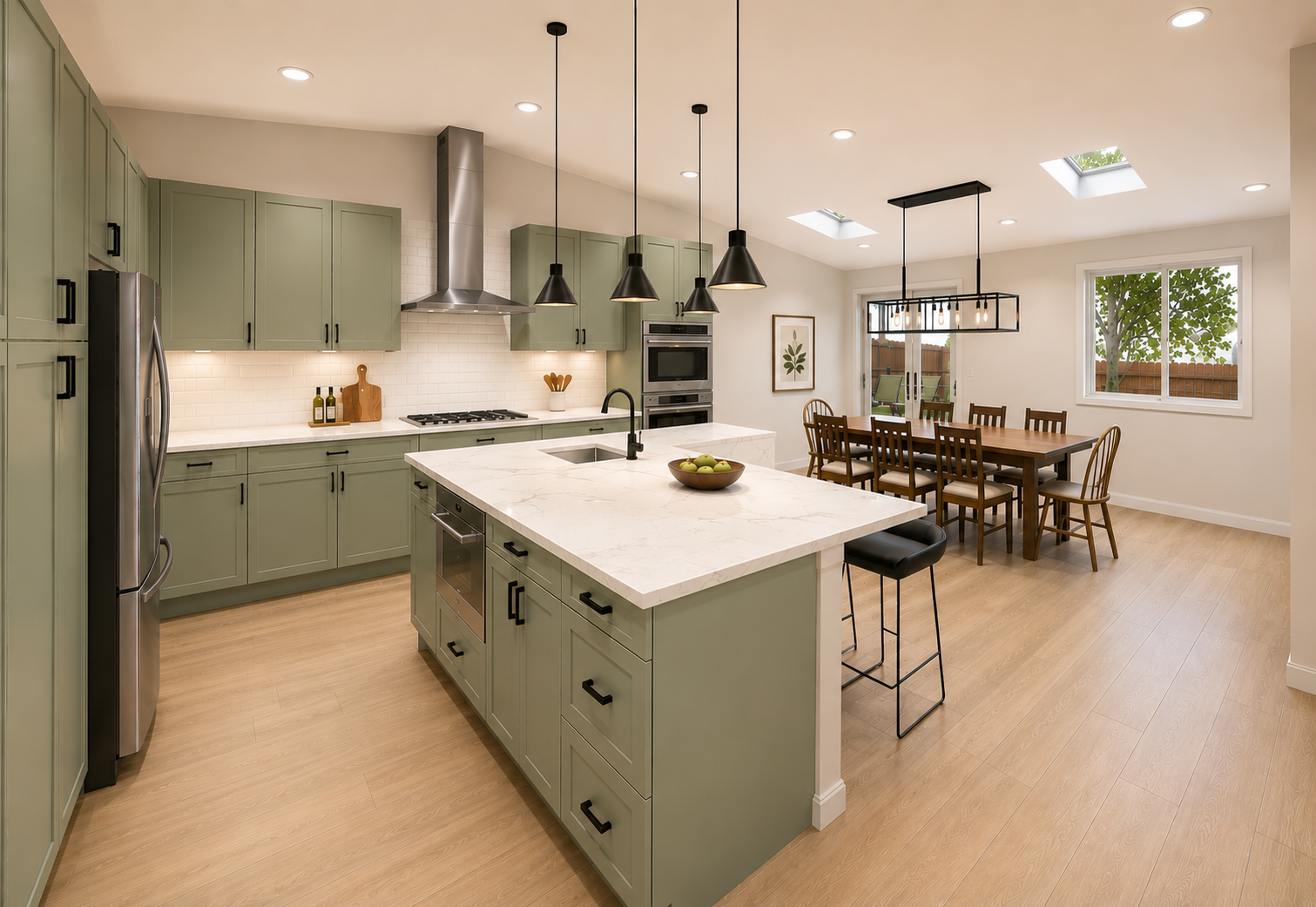 Open-concept kitchen and dining area with green cabinets, white marble countertops, a kitchen island, black pendant lighting, natural wood flooring, and a dining table with chairs near sliding glass doors and a window showing outdoor trees and a wood