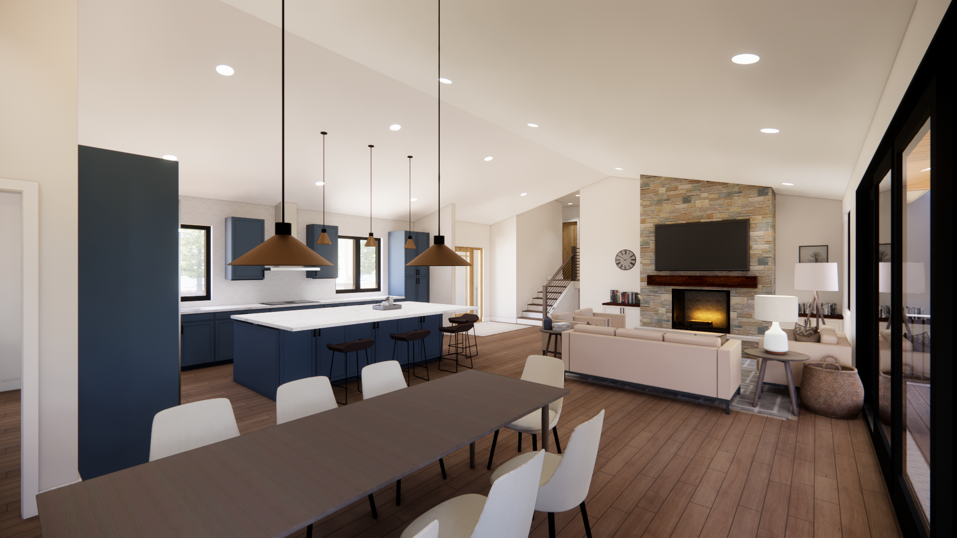 Open-concept living room and kitchen with blue kitchen cabinets, white countertops, and a stone fireplace with a TV above.