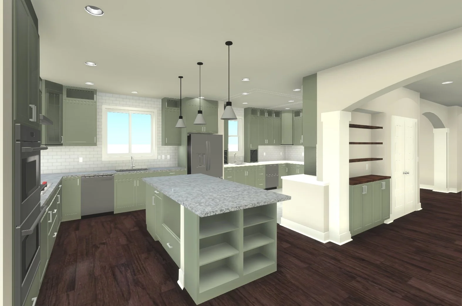 A modern kitchen with light green cabinetry, white subway tile backsplash, granite island, dark wood flooring, and pendant lighting.