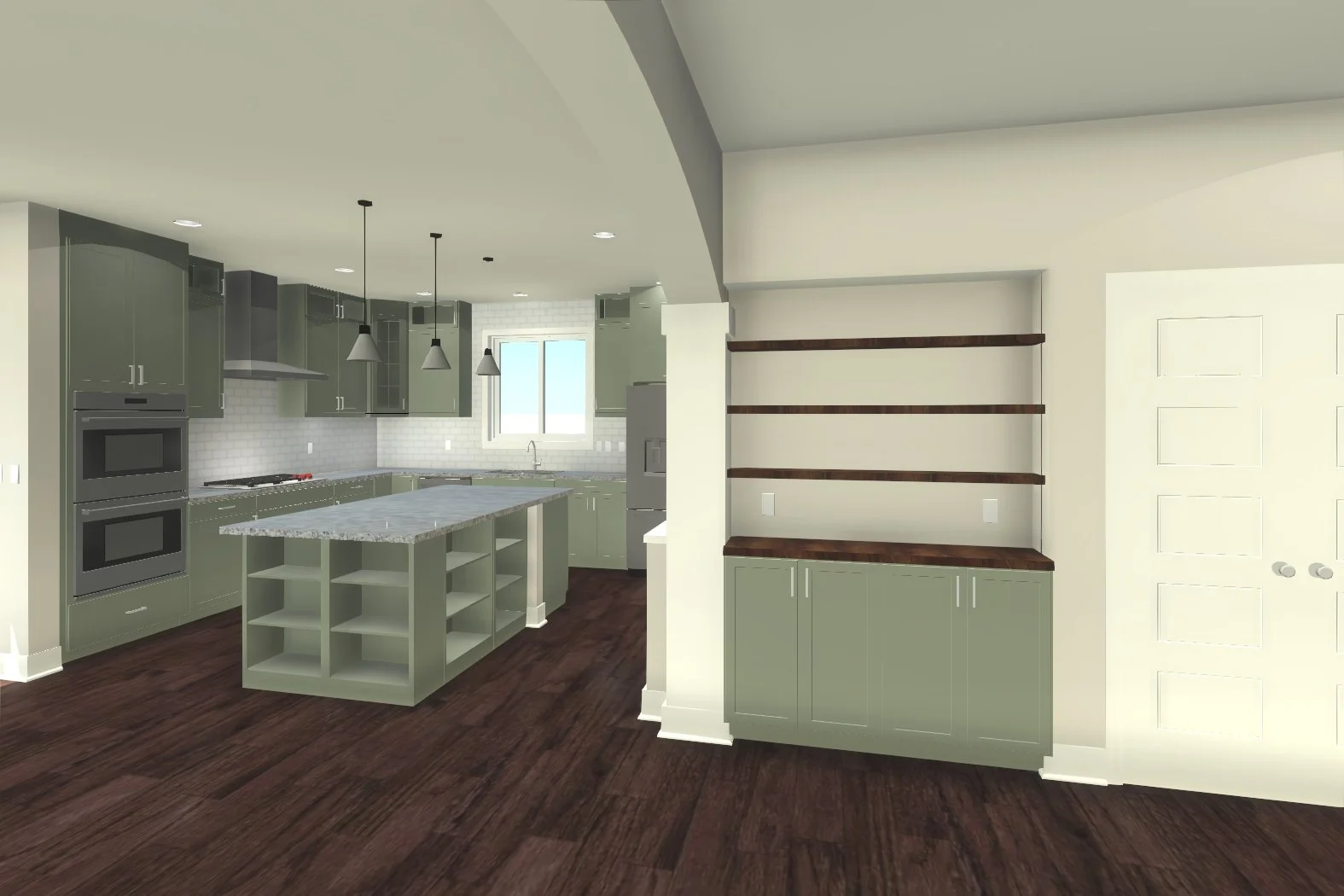 Interior view of a modern kitchen with olive green cabinets, a marble island, white brick backsplash, and dark wood flooring. There are pendant lights hanging above the island, a window over the sink, and open shelving on the wall to the right.