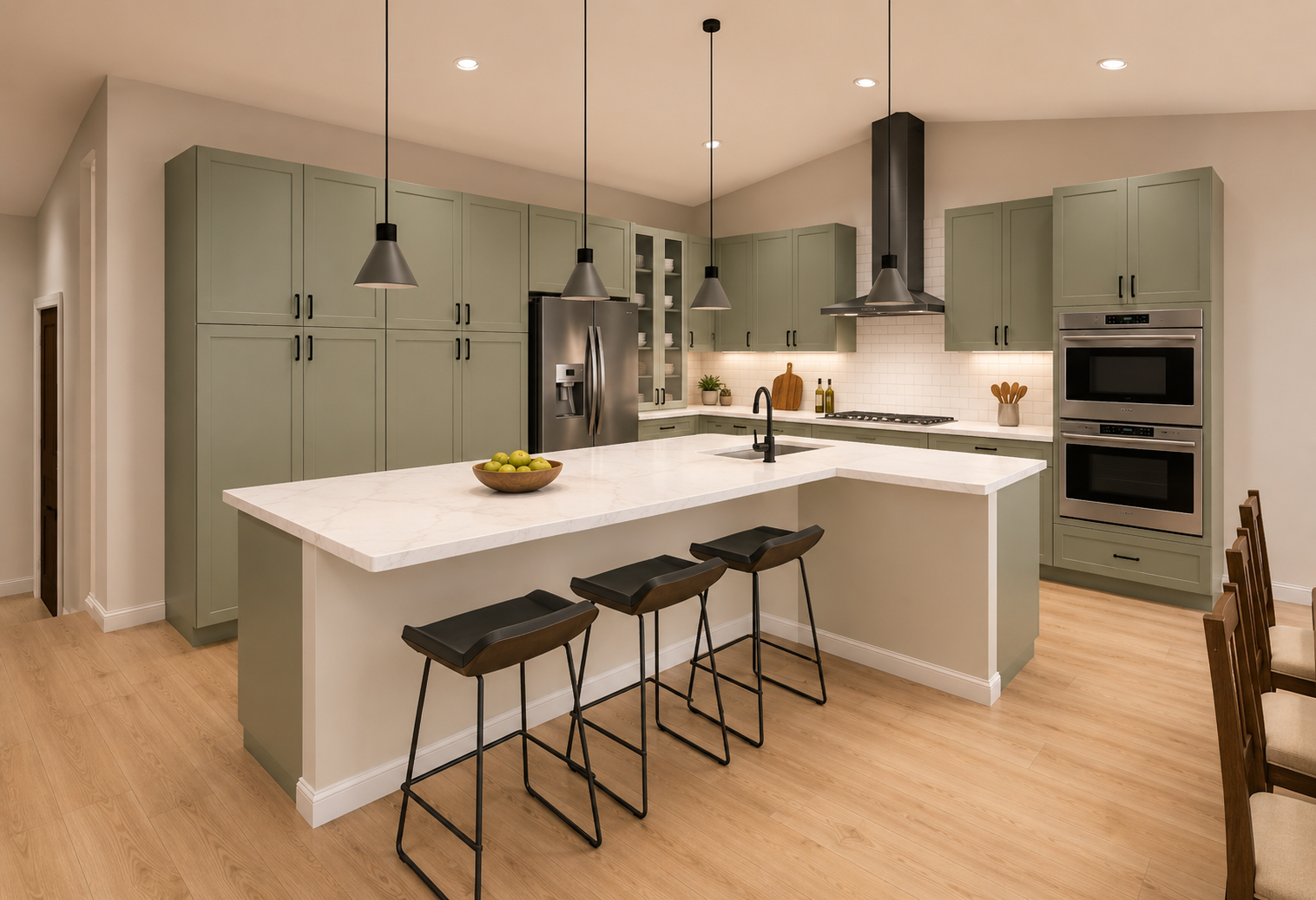 Modern kitchen with mint green cabinets, white marble island, black bar stools, stainless steel appliances, light wood flooring, and minimalist decor.