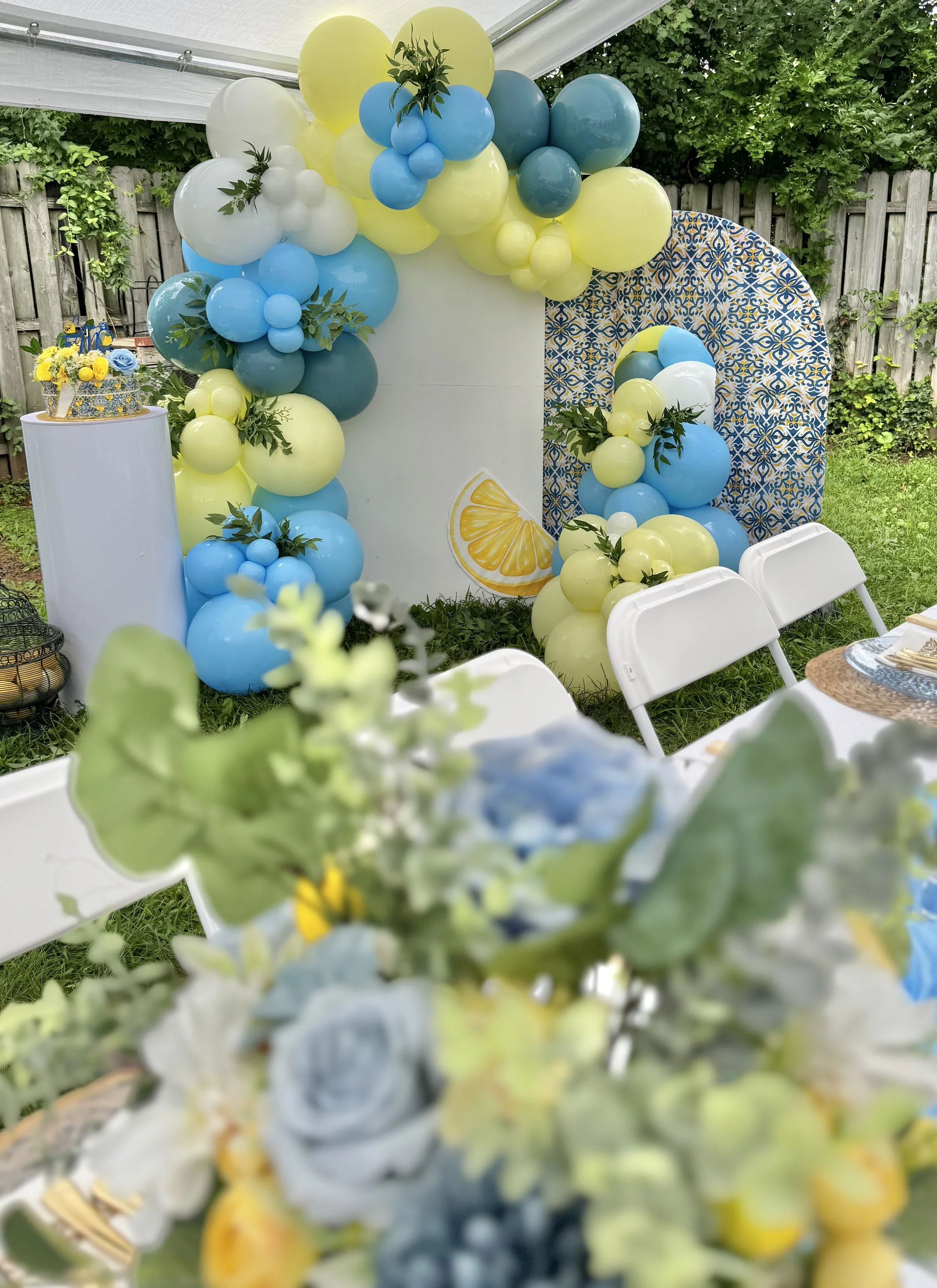 Decorative arrangement of blue, yellow, and white balloons with green leaves, set against a backdrop with a lemon graphic. The scene is outdoors with a wooden fence and greenery.