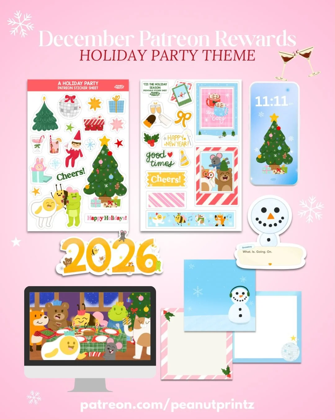 December&rsquo;s rewards! 🥂 

This month&rsquo;s theme is Holiday Party! I think my favorites would have to be the desktop wallpaper, and the Snowboy sticker. 😂 Can&rsquo;t wait to make my snowboy on my island! Also can&rsquo;t wait for that update
