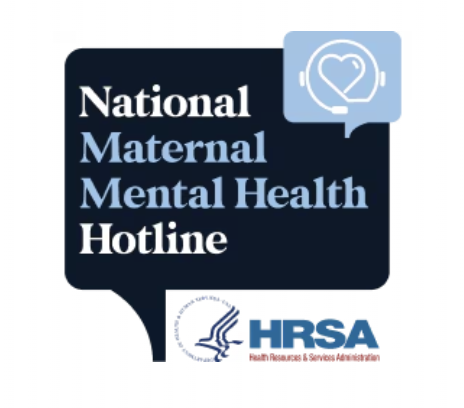 Logo for the National Maternal Mental Health Hotline with a heart and headphones icon, and the HRSA logo at the bottom.