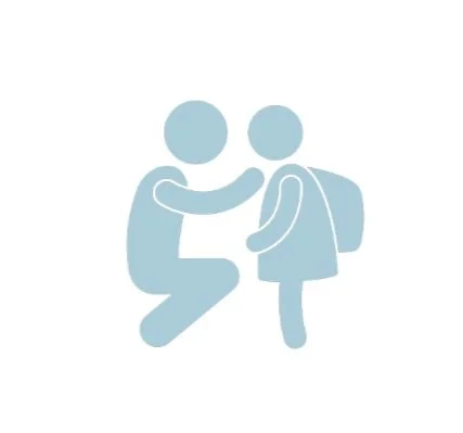 A simplified, light blue icon of an adult kneeling and talking to a child with a backpack.