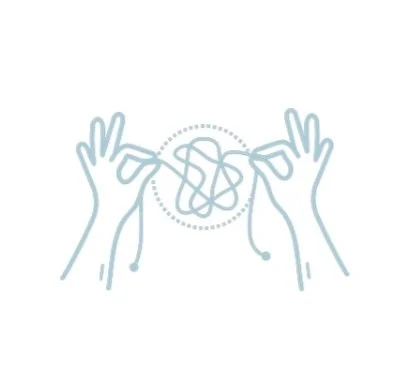 Two hands holding and tangled yarn or string, with the yarn forming a loose ball in the center.