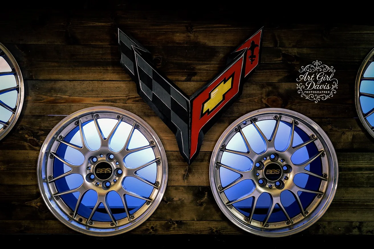 2x2 ft corvette logo handpainted on solid wood for a custom corvette bar
