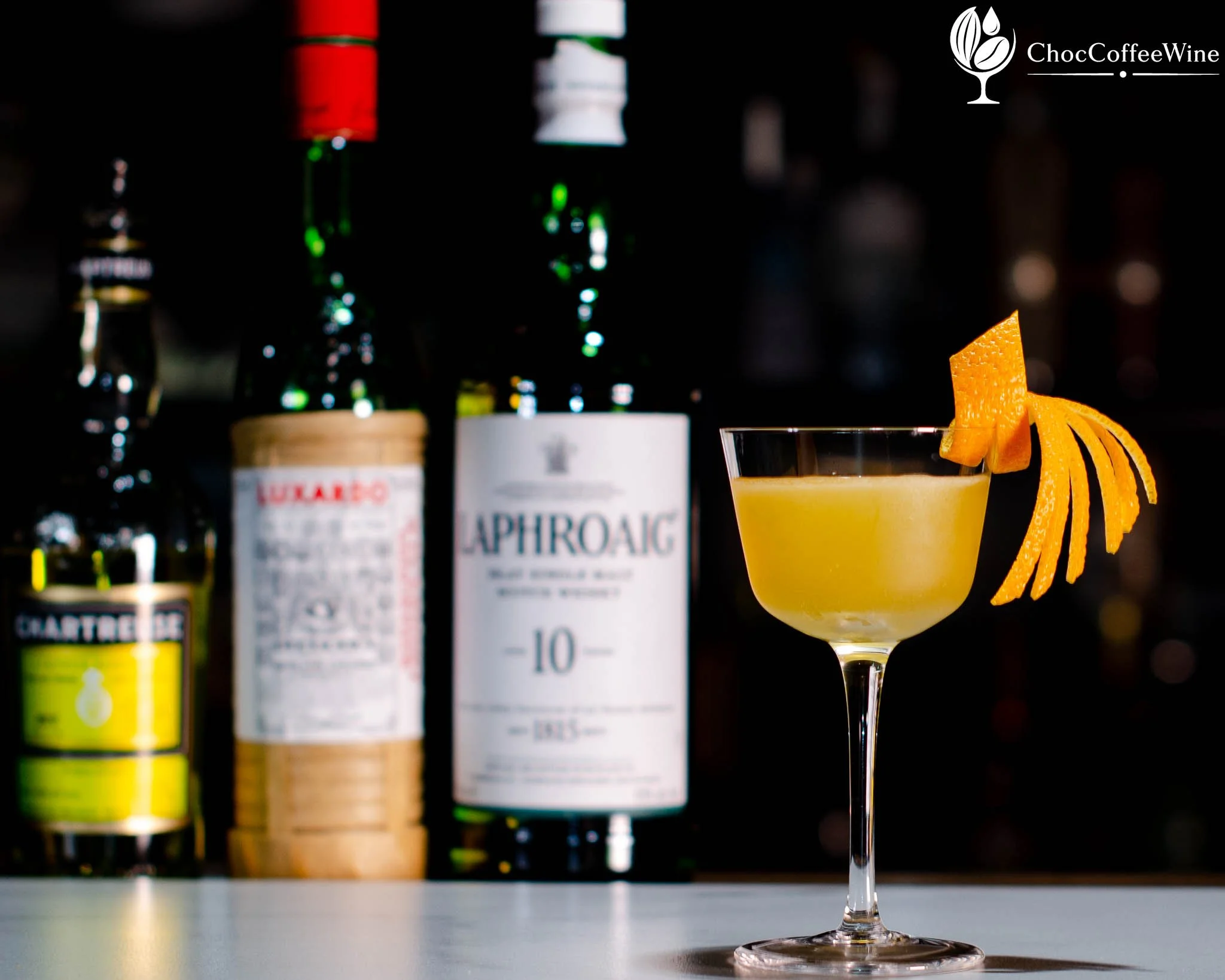 Smoky Scotch whisky cocktail made with peated Islay whisky alongside a salted-caramel chocolate pairing