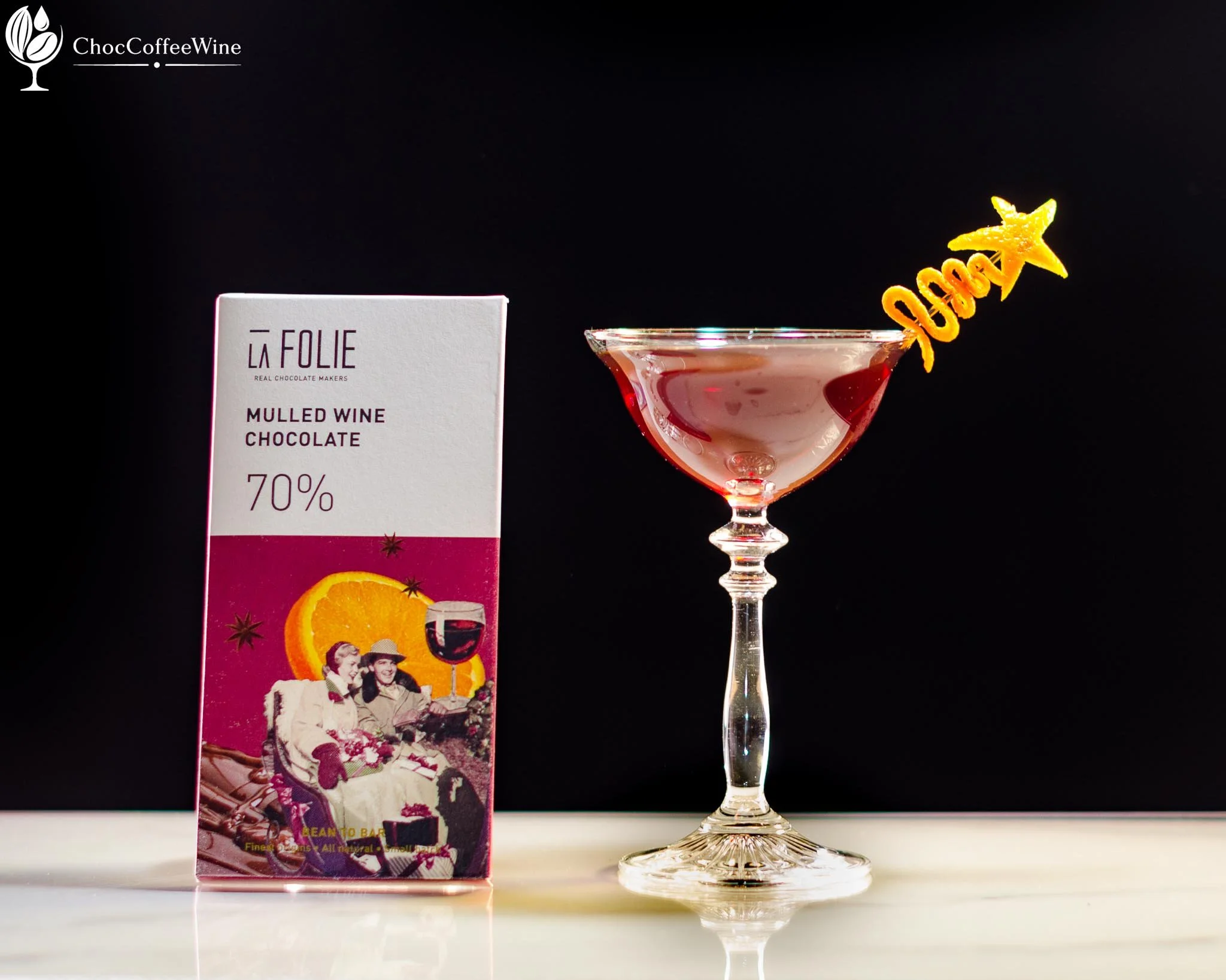 Rye and red wine cocktail paired with Kerala dark chocolate flavored with mulled wine