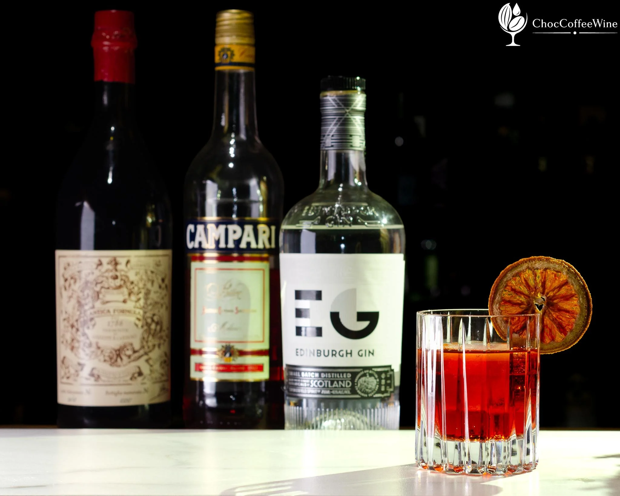 Classic Negroni made with Edinburgh Gin, Campari and sweet vermouth with an orange garnish