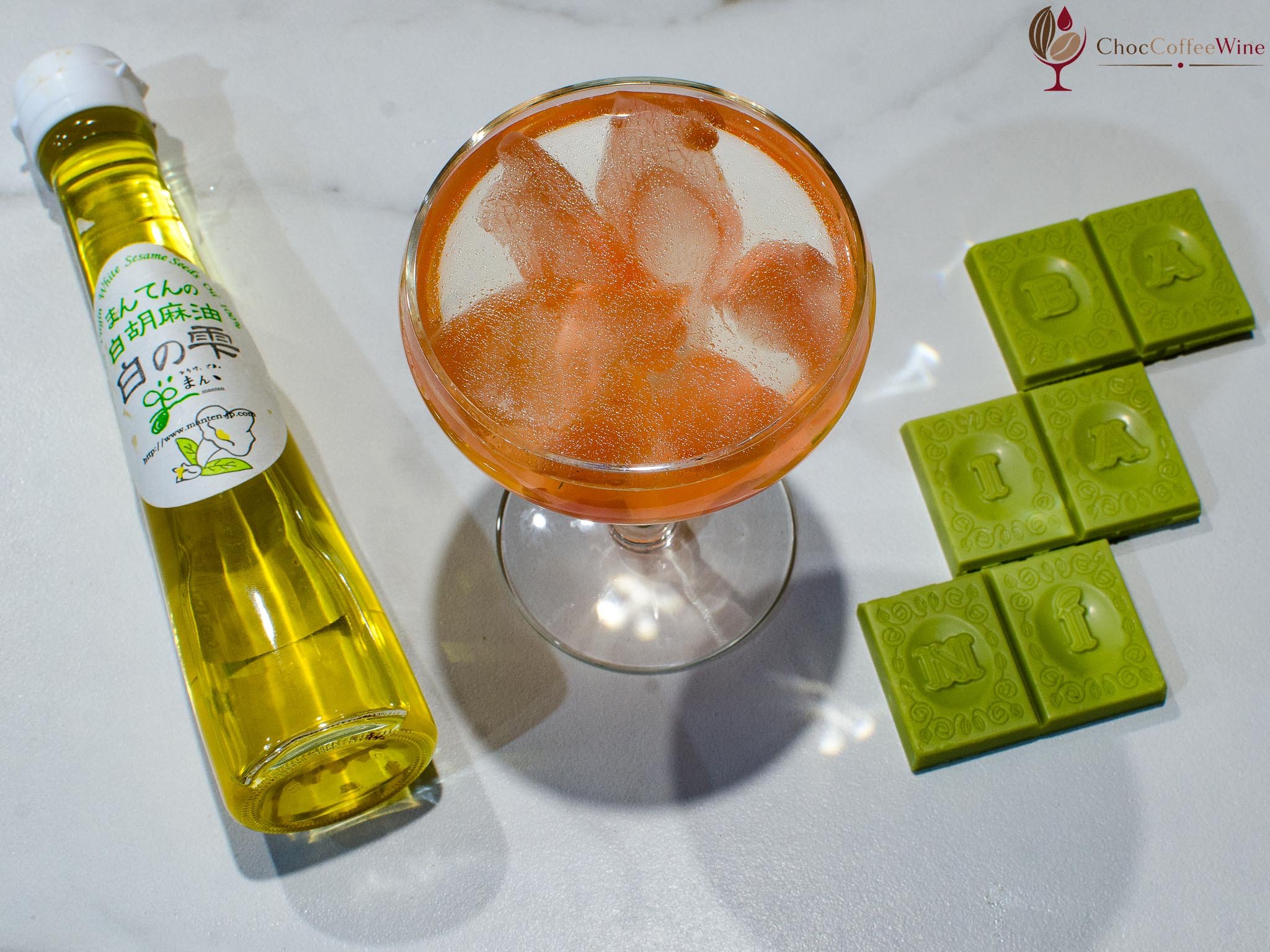 Thai with Brazil Junmai sake cocktail with pickled ginger and drops of sesame oil