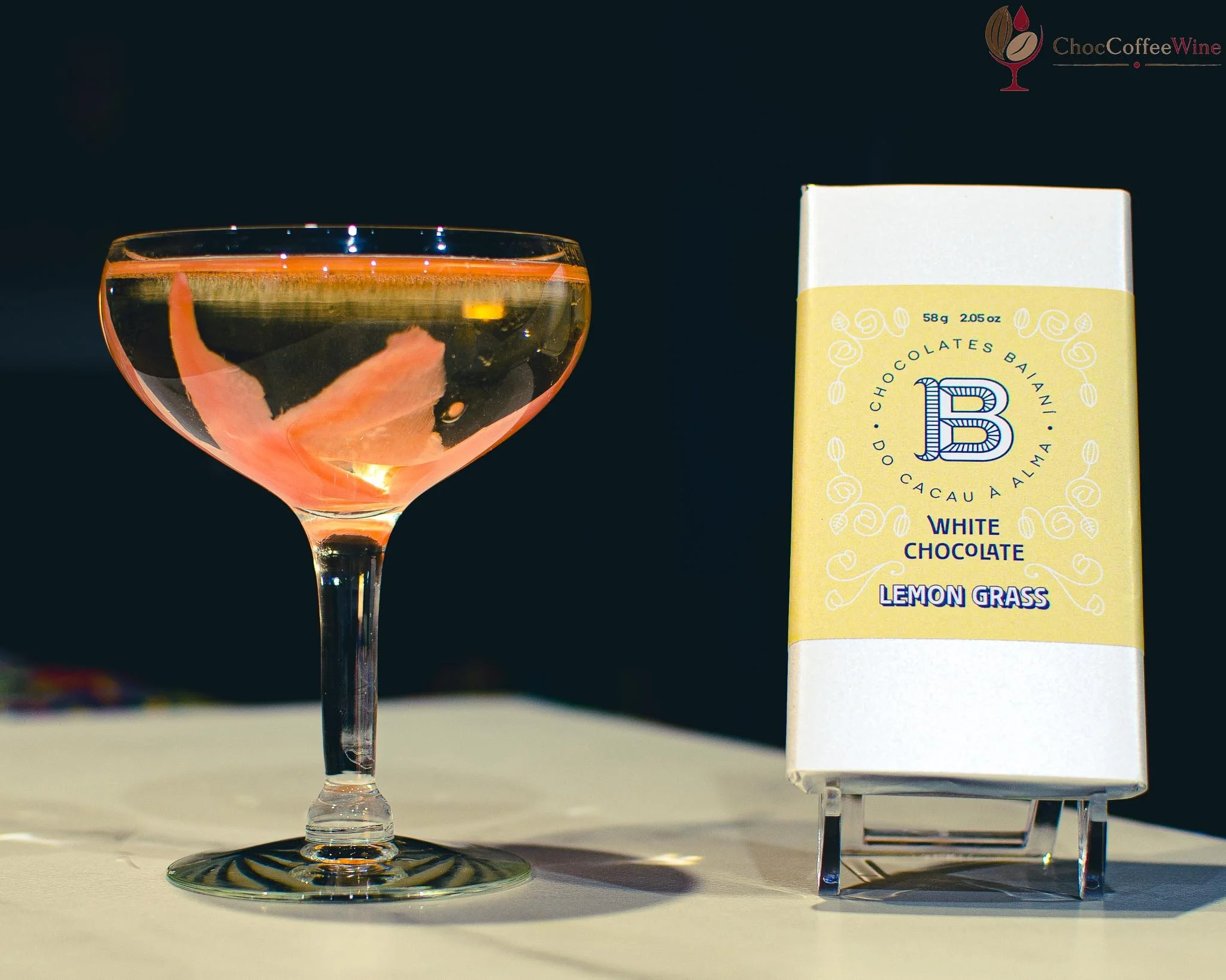 Junmai sake and pickled-ginger cocktail paired with Baianí lemongrass white chocolate