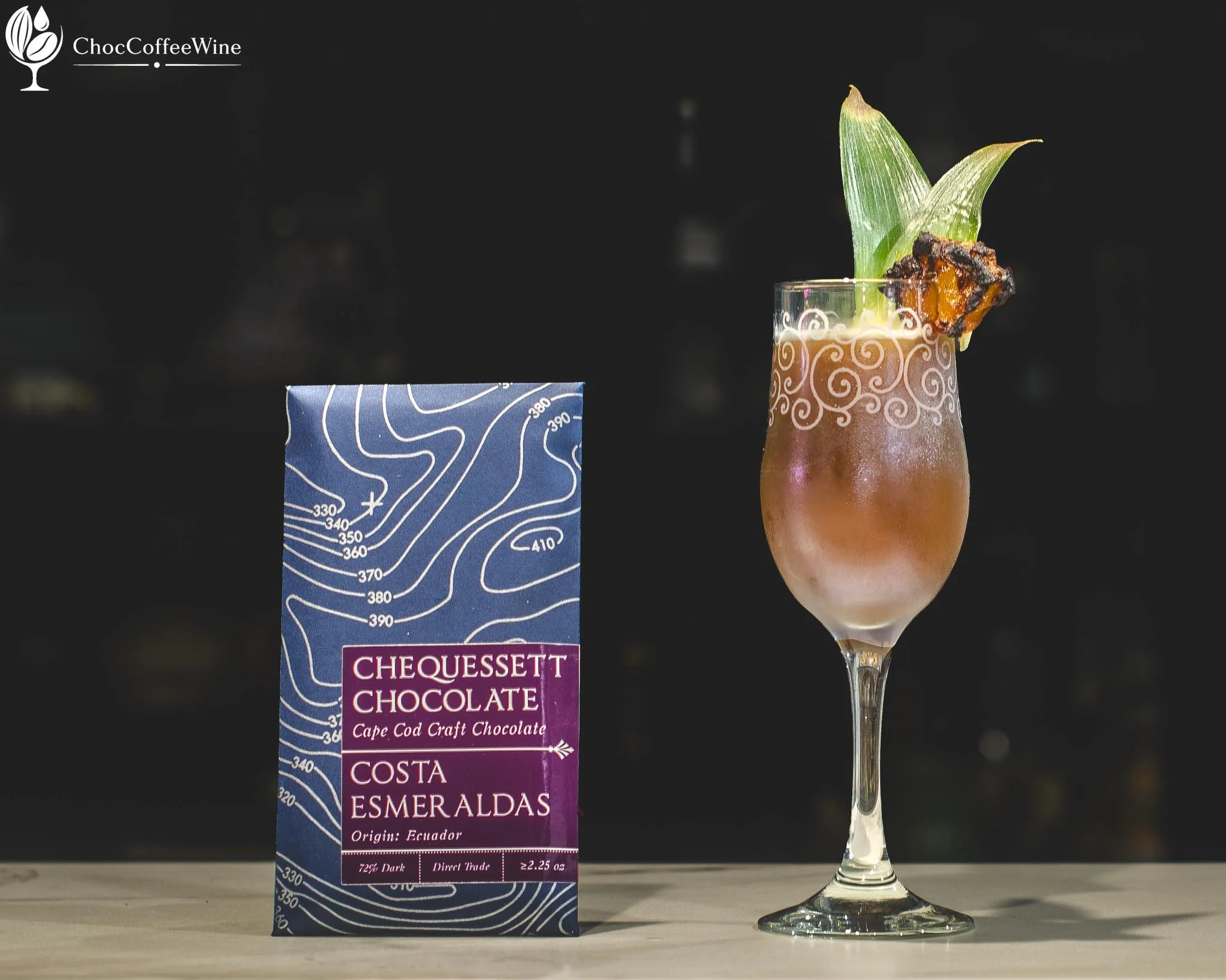 Pineapple and tamarind rum cocktail paired with Chequessett Costa Esmeraldas dark chocolate