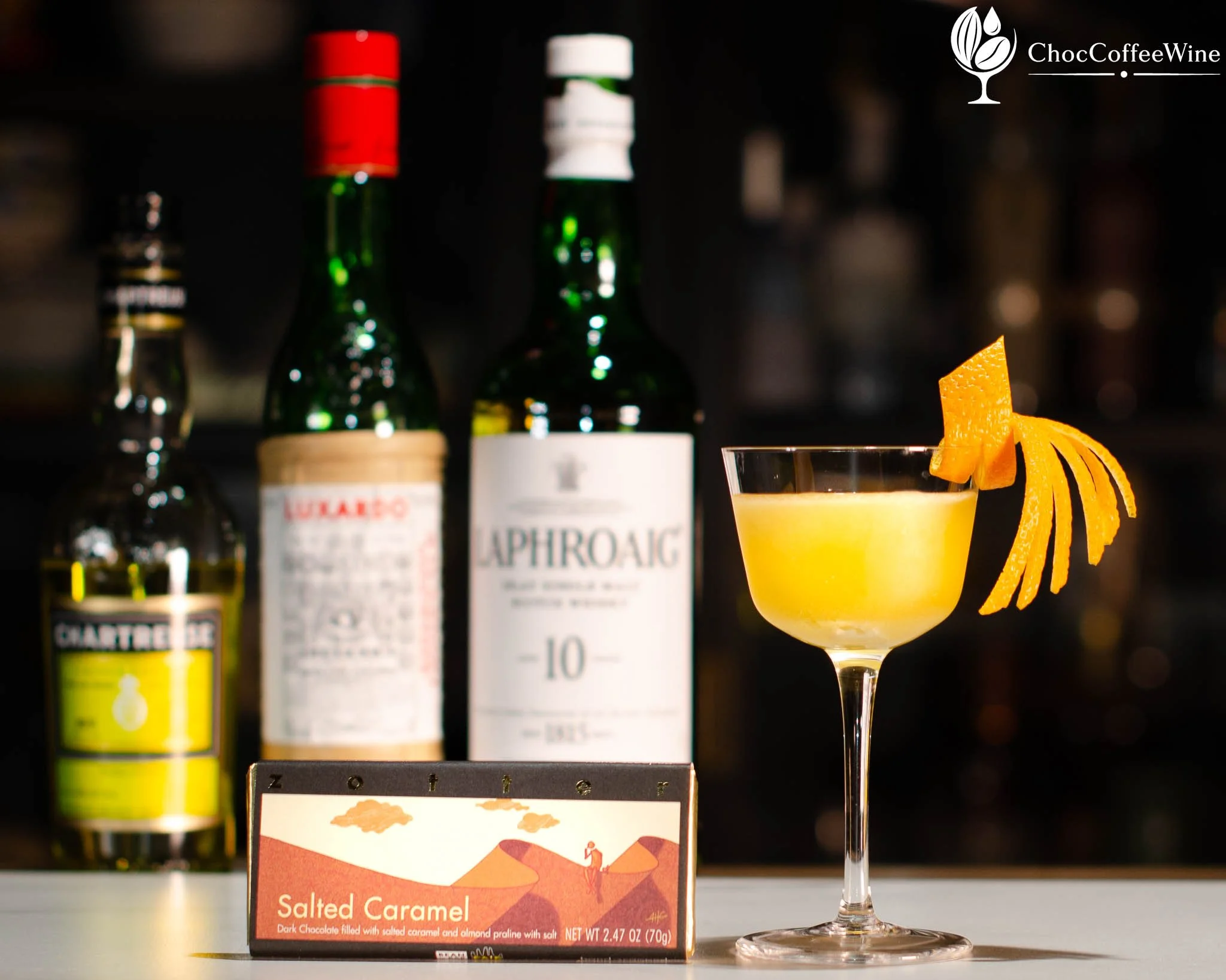 Smoky Scotch whisky cocktail made with peated Islay whisky alongside a salted-caramel chocolate pairing