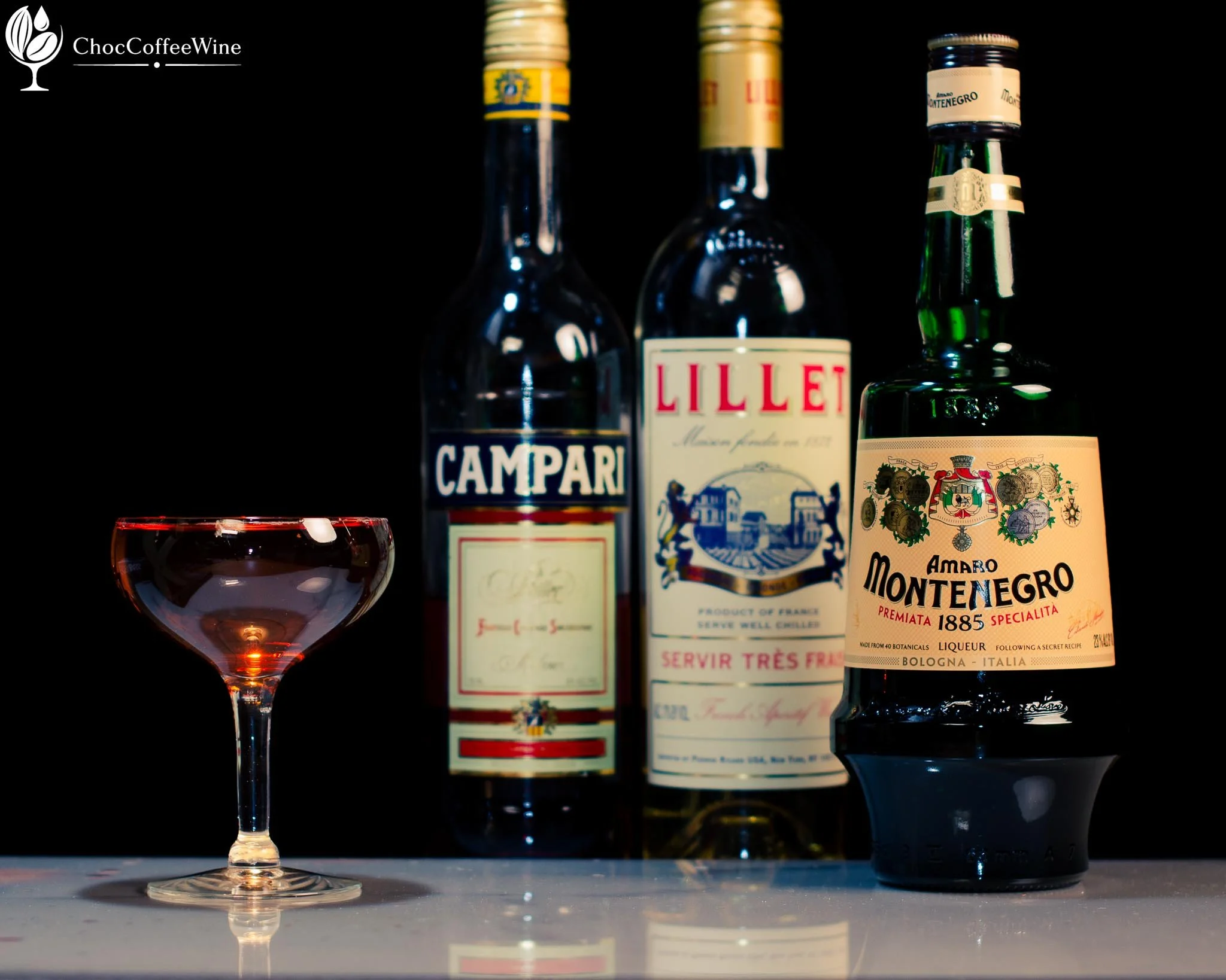 The Splashing Biker cocktail made with Amaro Montenegro, Lillet Blanc, Campari and Mediterranean tonic water