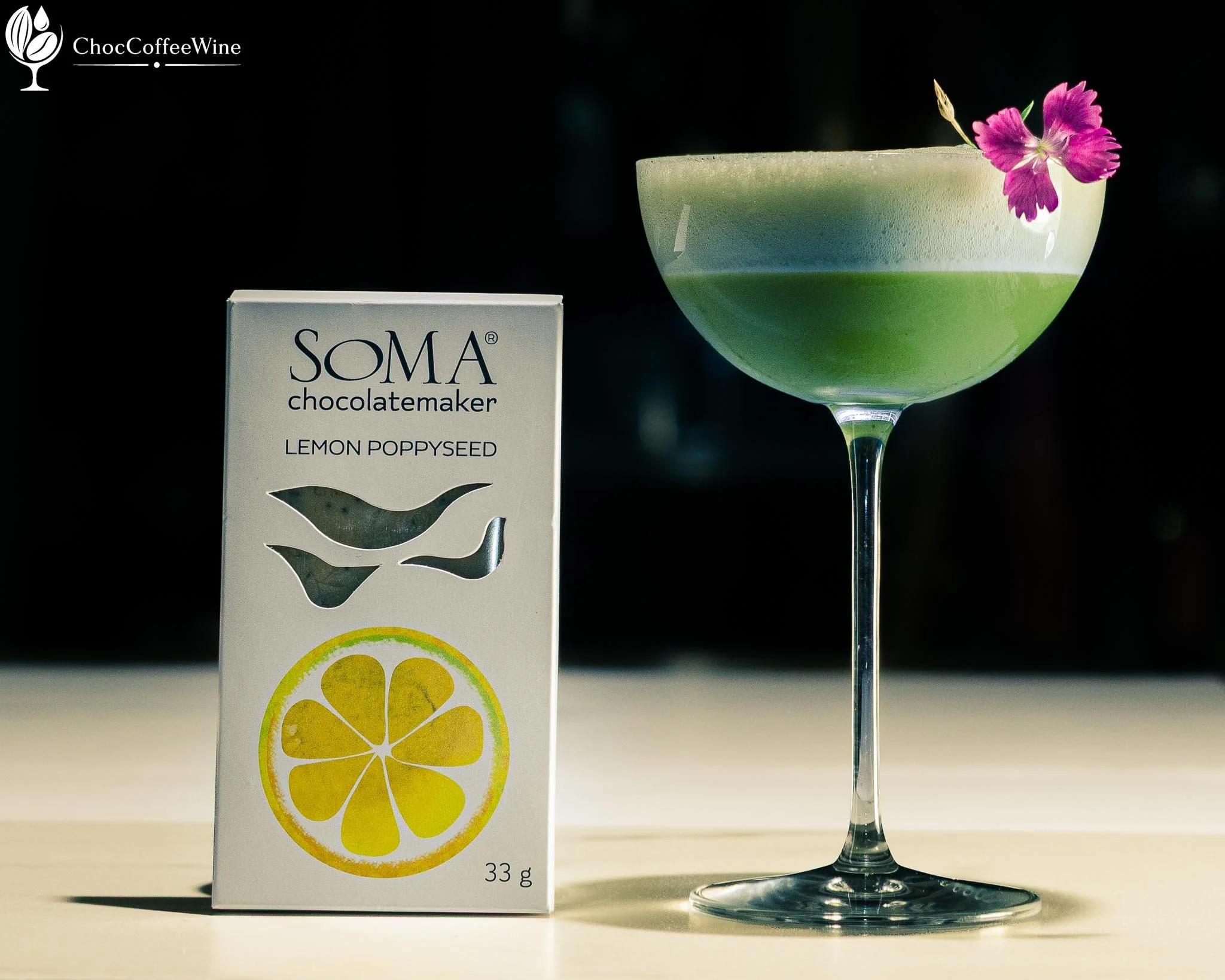 Pisco and green-chutney sour paired with SOMA Lemon Poppy Seed chocolate