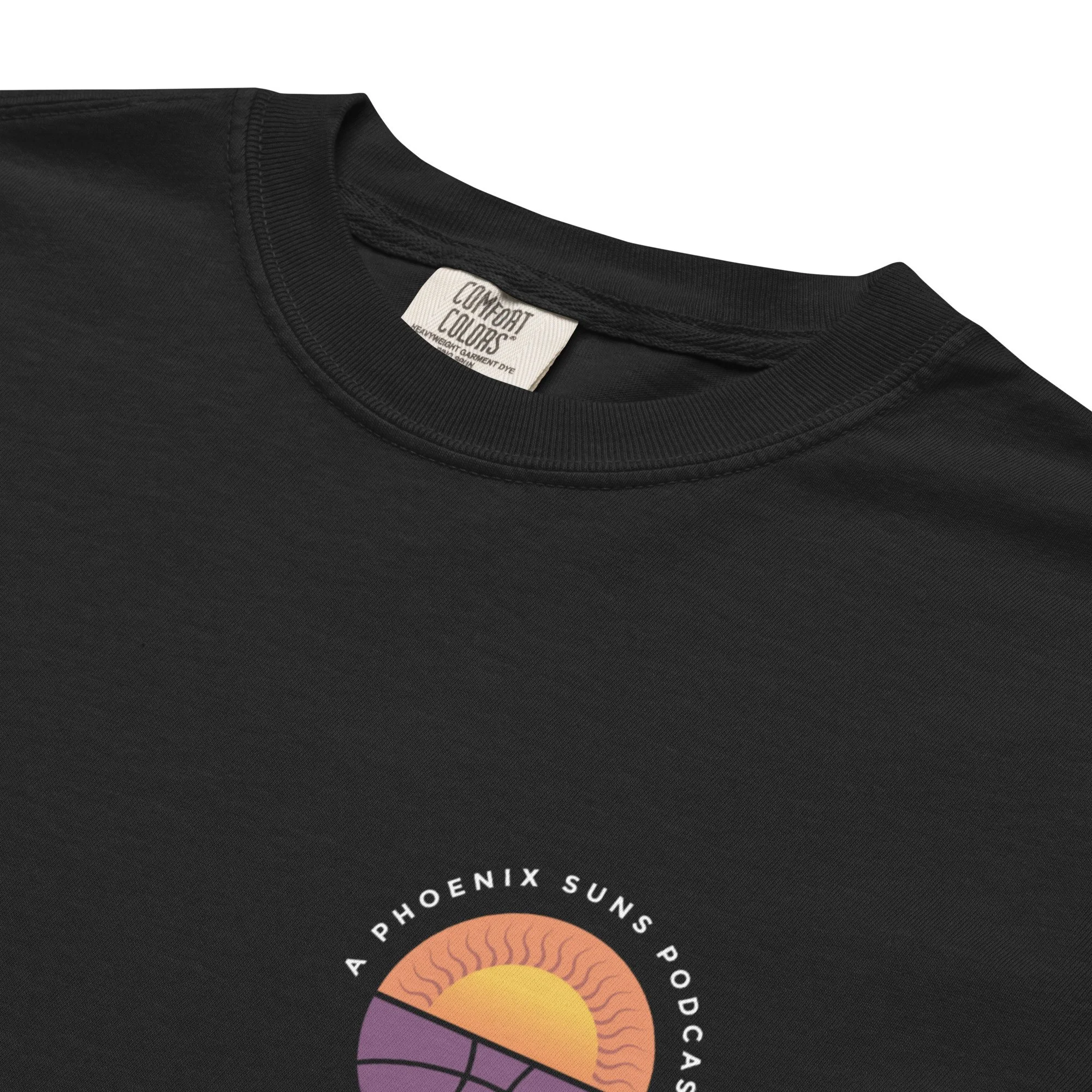 Black Comfort Colors t-shirt with Suns After Dark logo on front chest and back center.