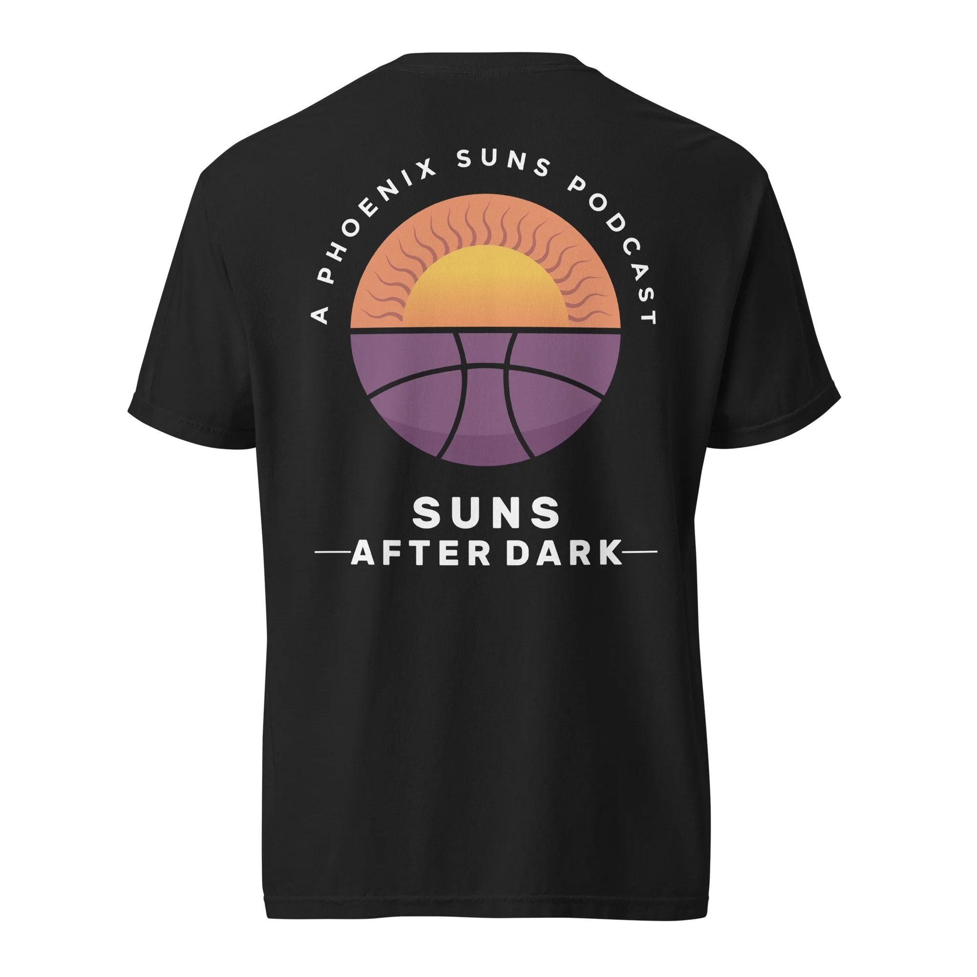 Black Comfort Colors t-shirt with Suns After Dark logo on front chest and back center.